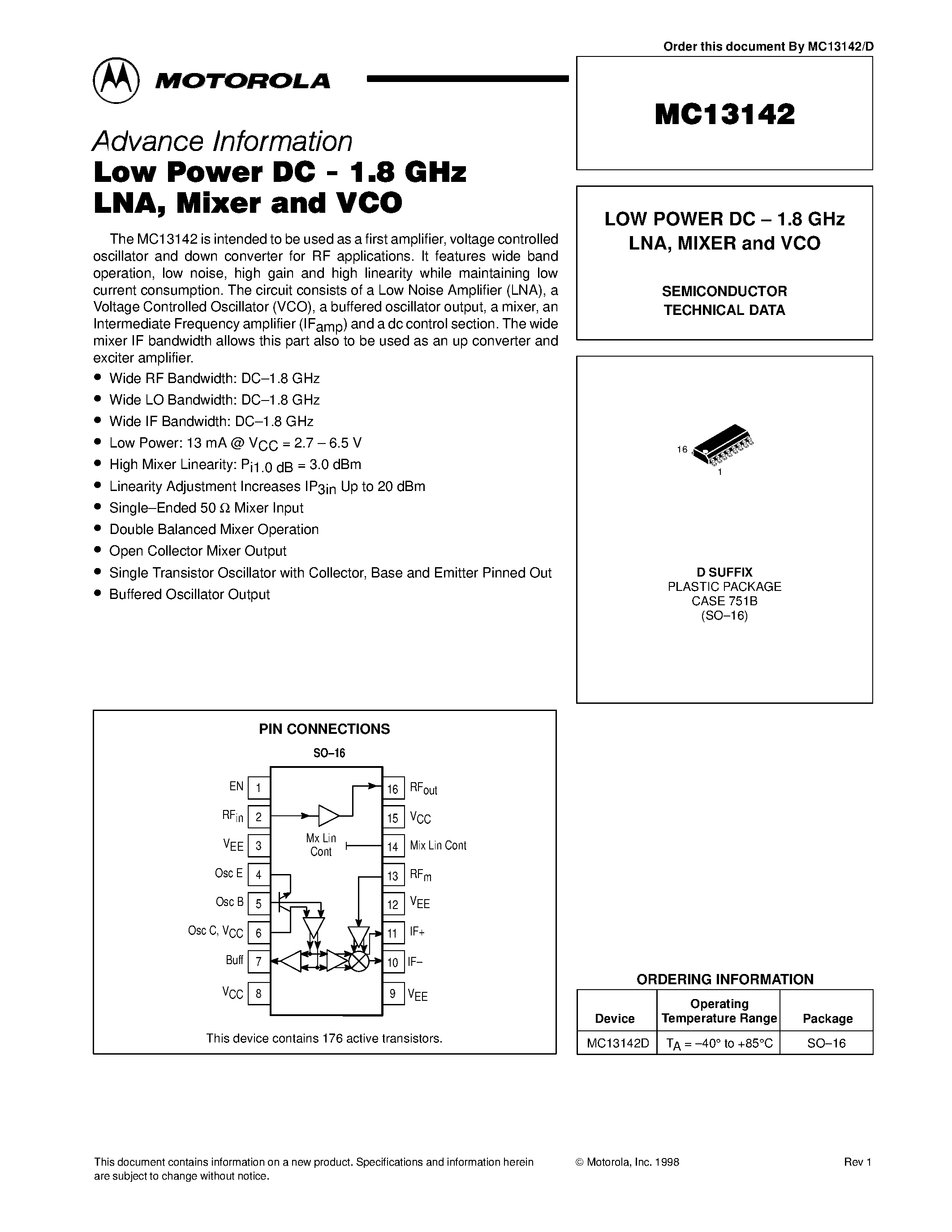 Datasheet MC13142D - LOW POWER DC - 1.8 GHz LNA / MIXER and VCO page 1