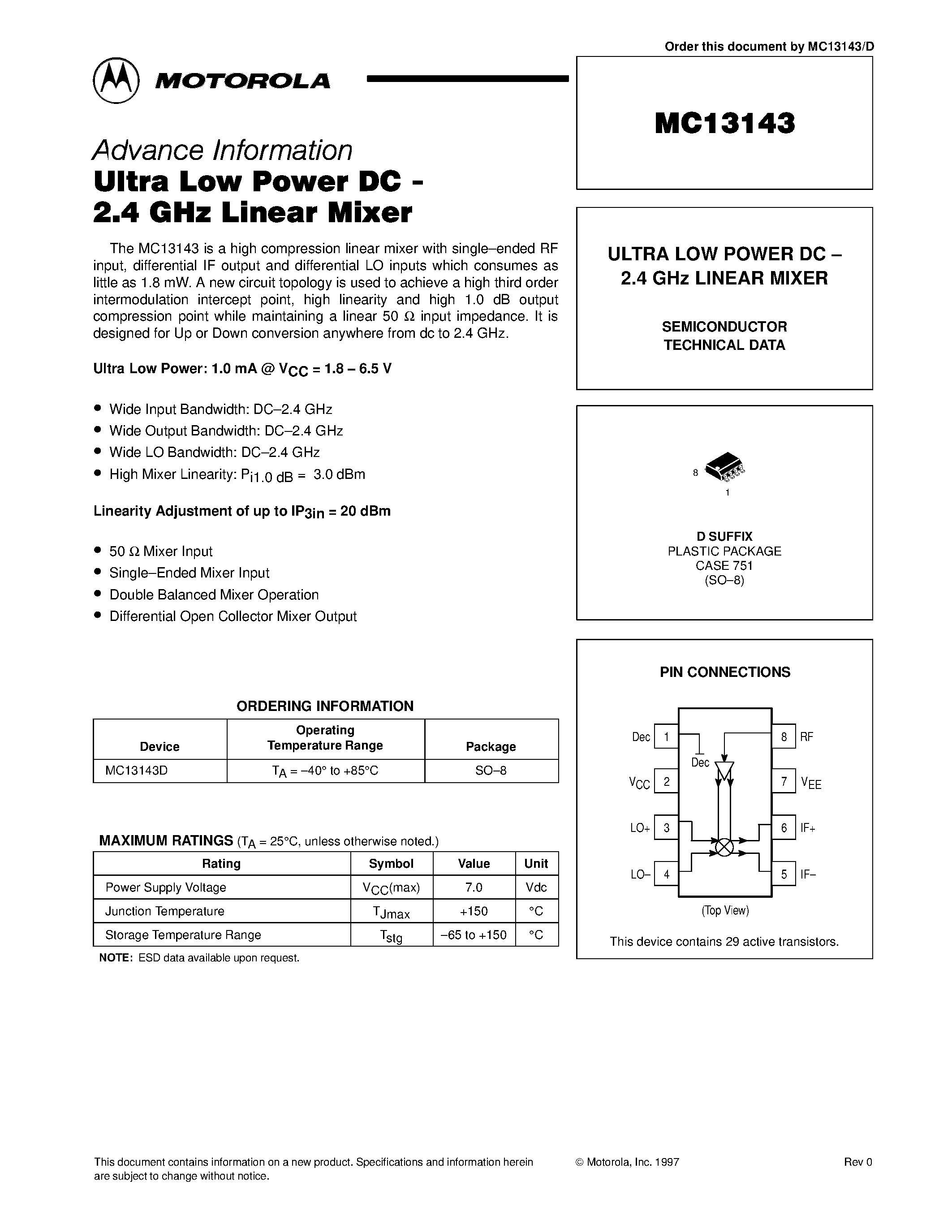 Datasheet MC13143 - ULTRA LOW POWER DC - 2.4 GHz LINEAR MIXER page 1