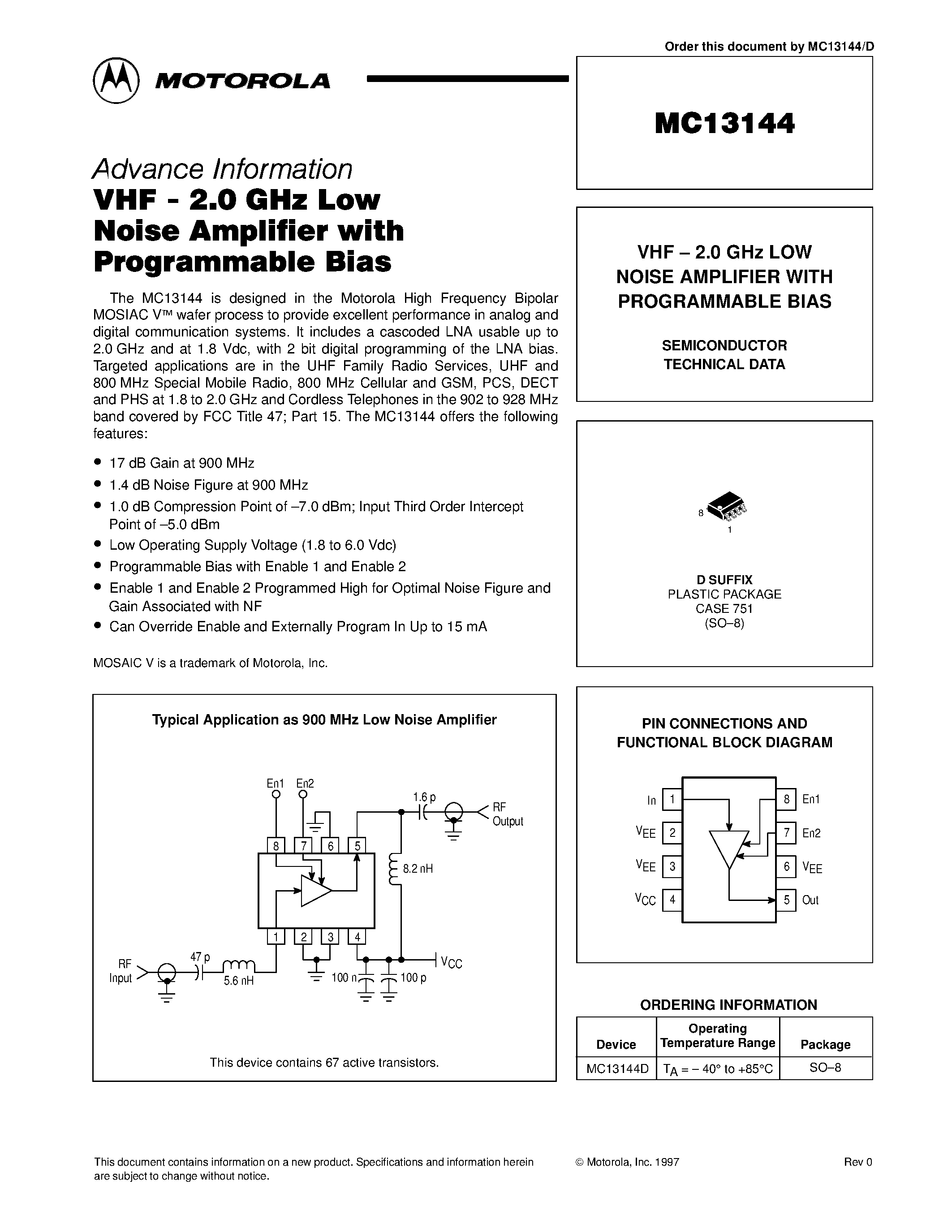 Datasheet MC13144 - VHF - 2.0 GHz LOW NOISE AMPLIFIER WITH PROGRAMMABLE BIAS page 1