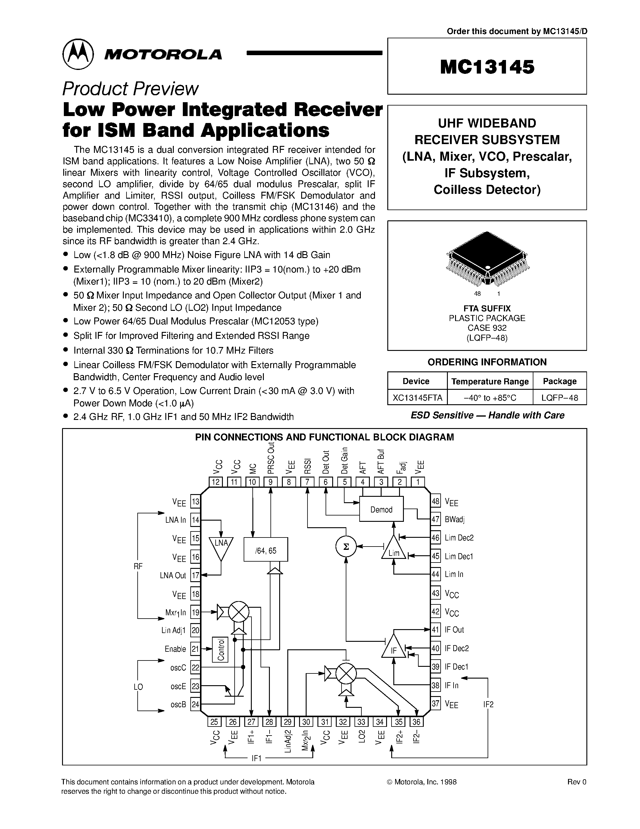 Datasheet MC13145 - UHF WIDEBAND RECEIVER SUBSYSTEM (LNA / Mixer / VCO / Prescalar / IF Subsystem / Coilless Detector) page 1