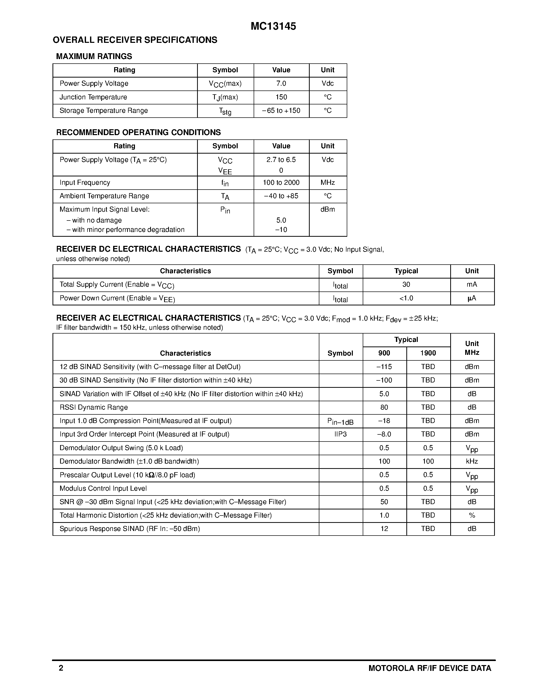 Datasheet MC13145 - UHF WIDEBAND RECEIVER SUBSYSTEM (LNA / Mixer / VCO / Prescalar / IF Subsystem / Coilless Detector) page 2