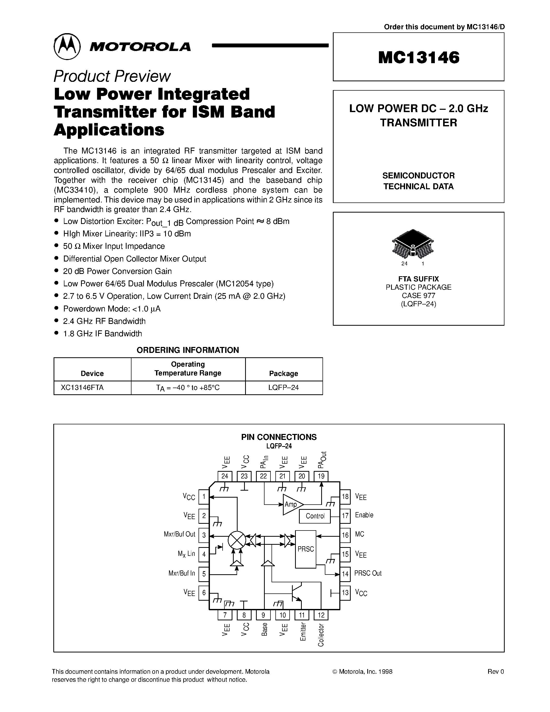 Datasheet MC13146 - LOW POWER DC - 2.0 GHz TRANSMITTER page 1