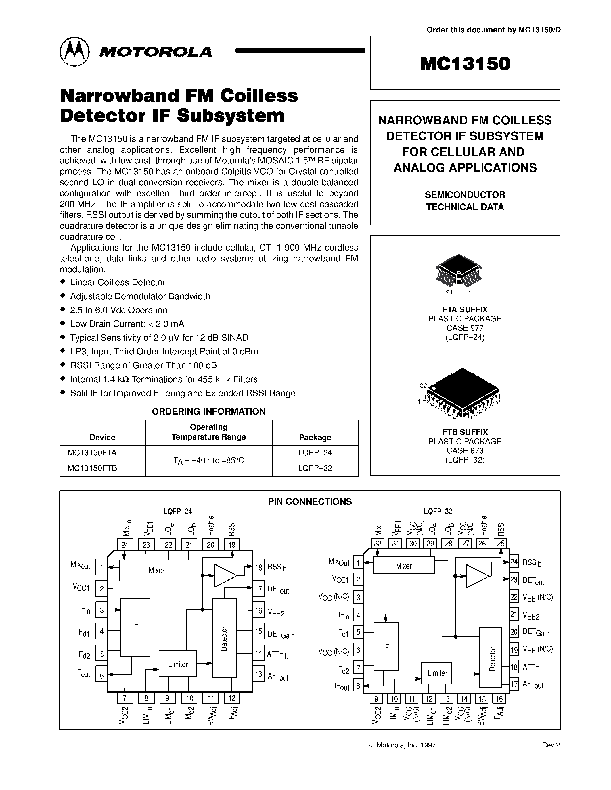 Datasheet MC13150 - NARROWBAND FM COILLESS DETECTOR IF SUBSYSTEM FOR CELLULAR AND ANALOG APPLICATIONS page 1