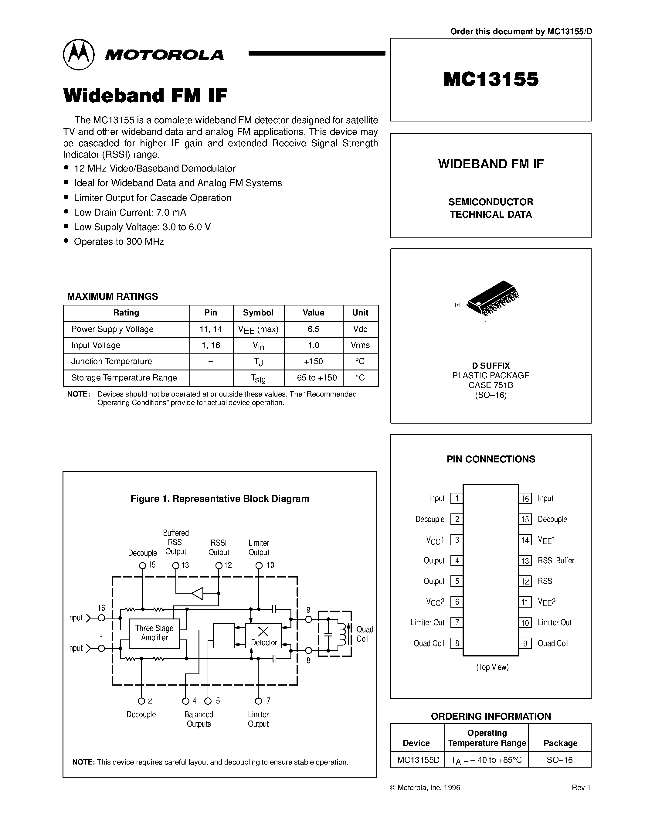 Datasheet MC13155 - WIDEBAND FM IF page 1