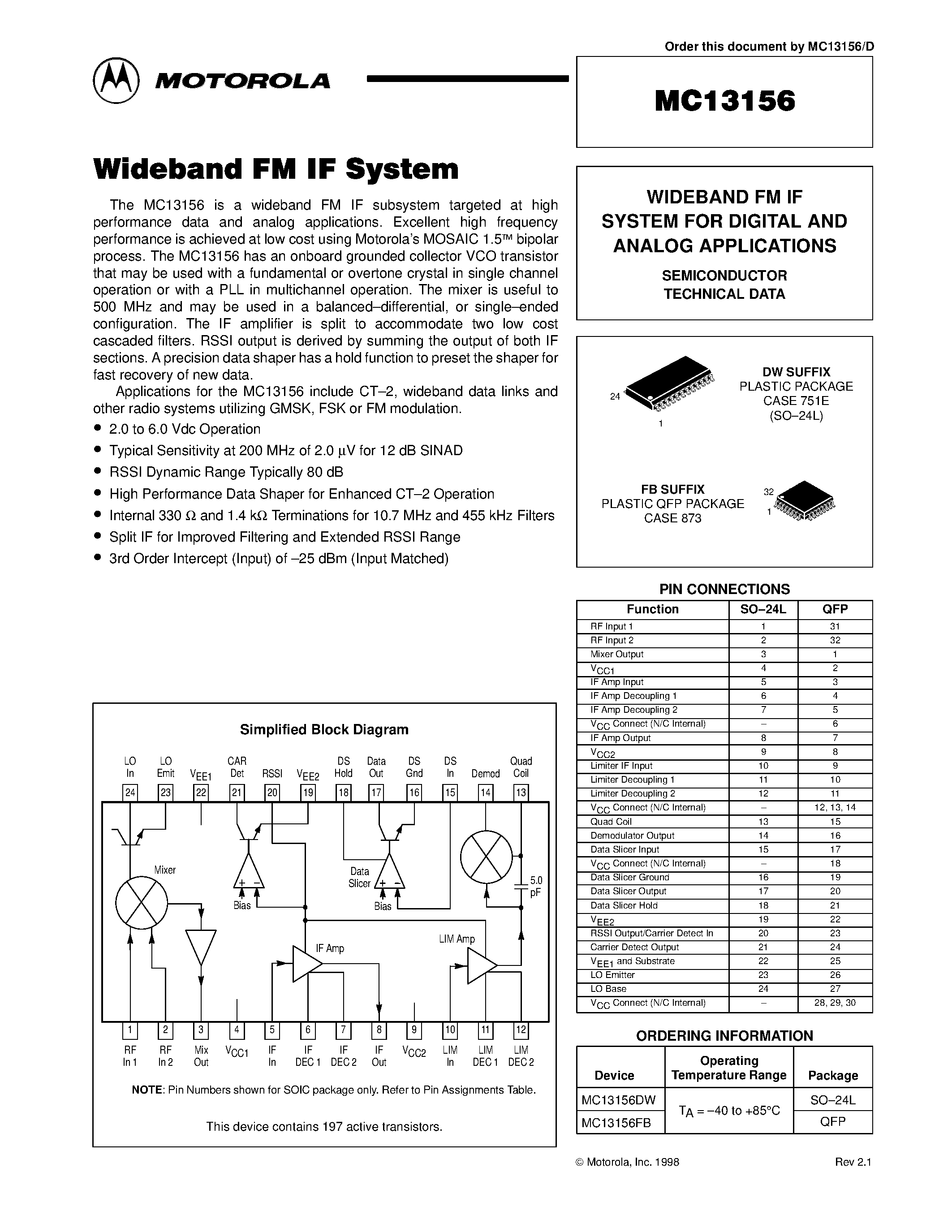 Datasheet MC13156DW - WIDEBAND FM IF SYSTEM FOR DIGITAL AND ANALOG APPLICATIONS page 1