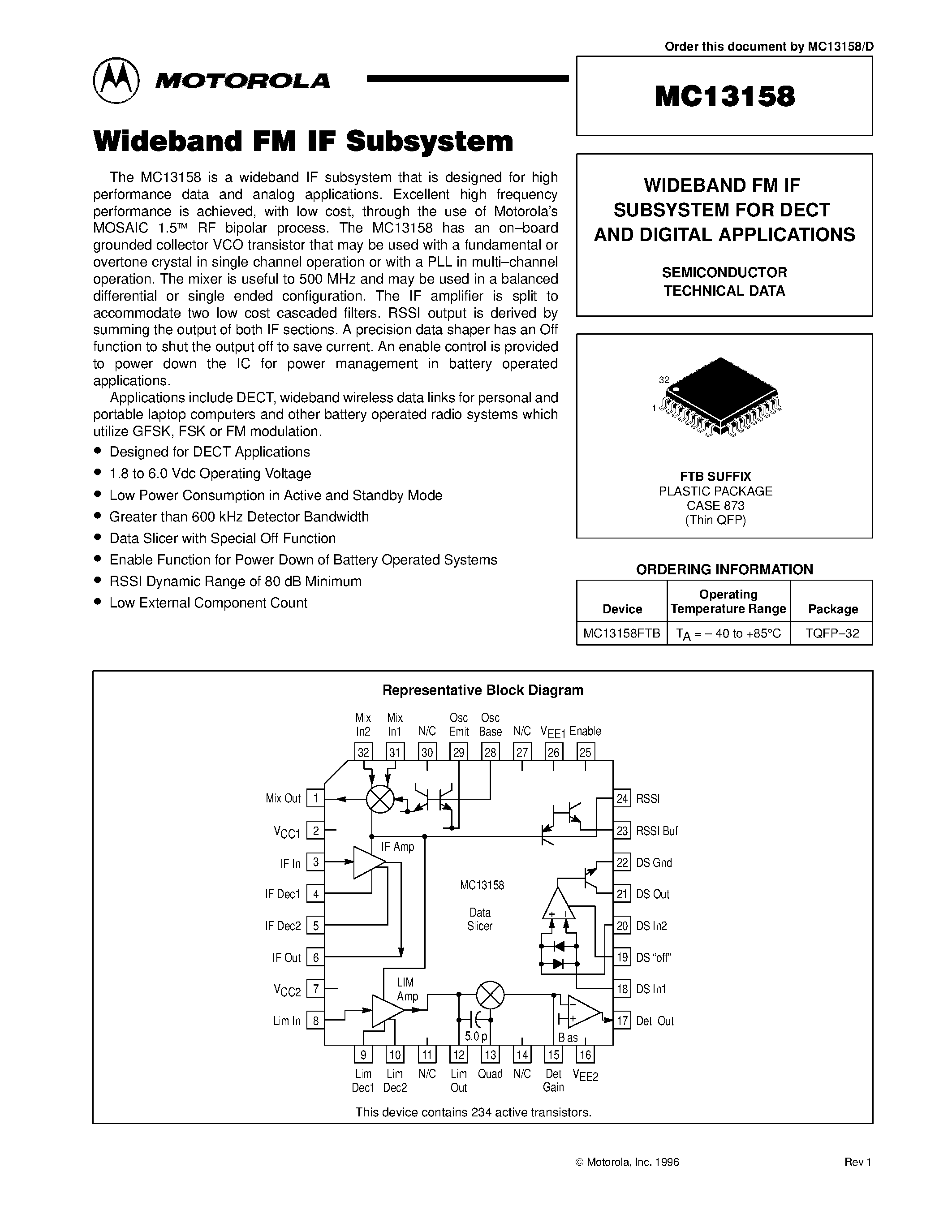 Datasheet MC13158FTB - WIDEBAND FM IF SUBSYSTEM FOR DECT AND DIGITAL APPLICATIONS page 1