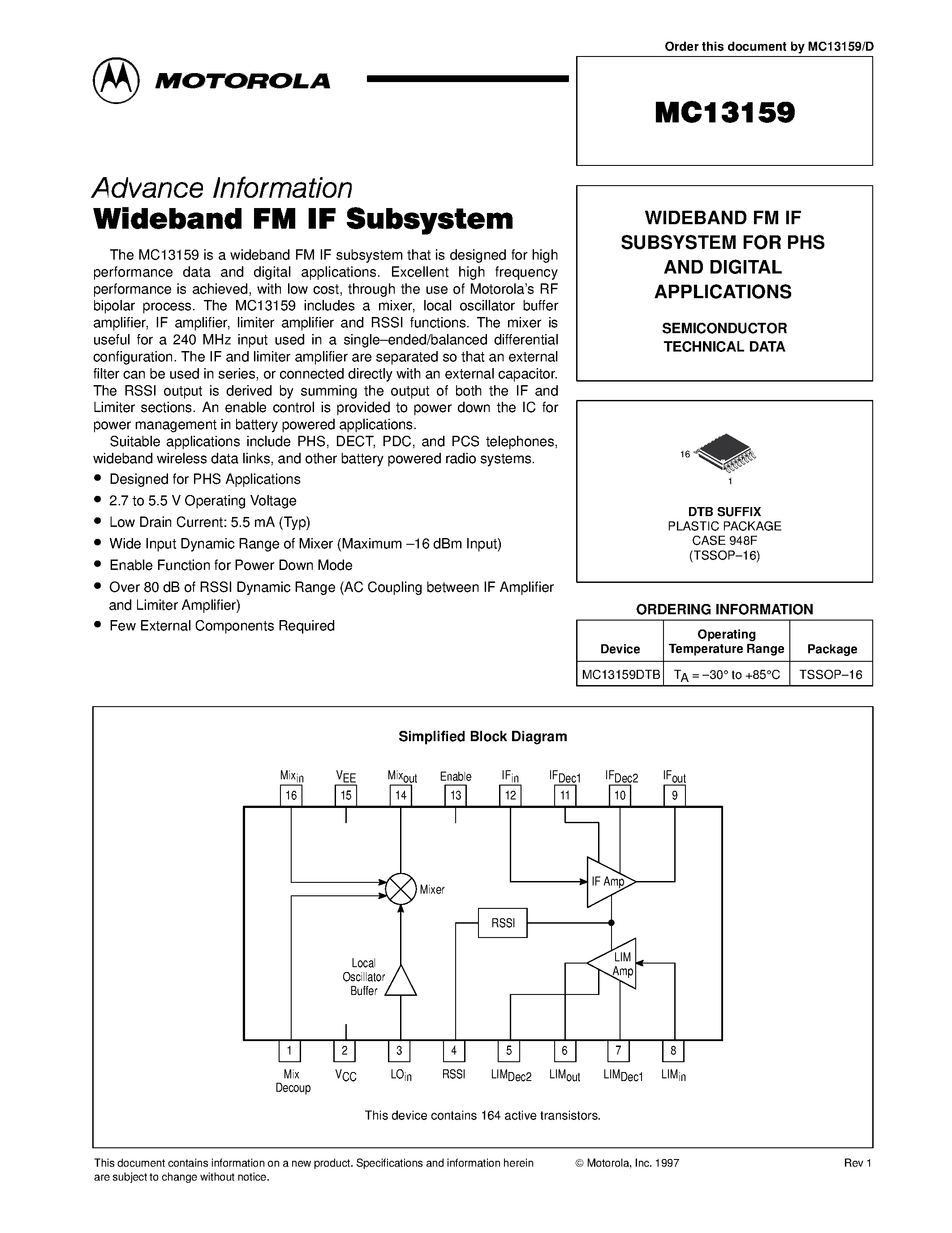 Datasheet MC13159 - WIDEBAND FM IF SUBSYSTEM FOR PHS AND DIGITAL APPLICATIONS page 1