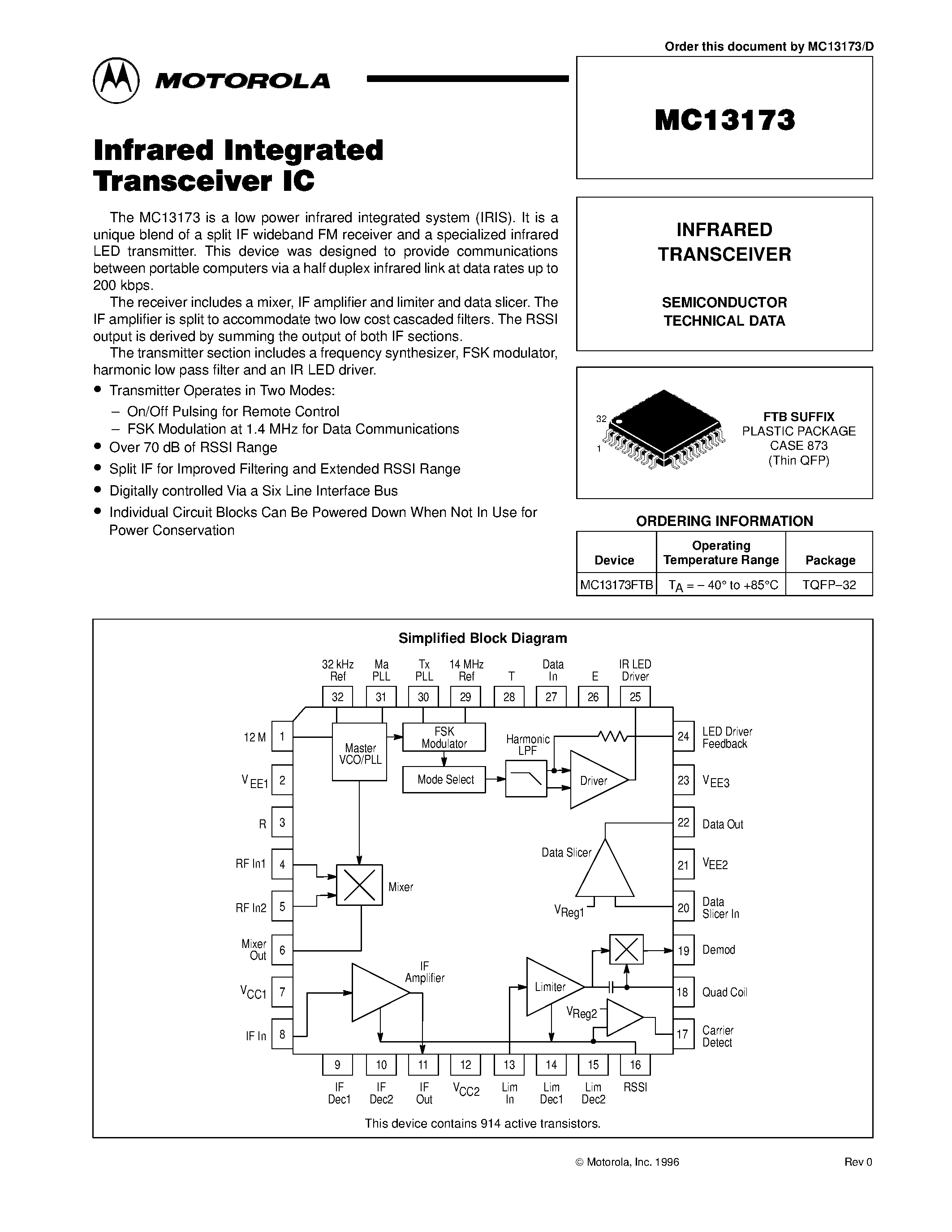 Datasheet MC13173FTB - INFRARED TRANSCEIVER page 1