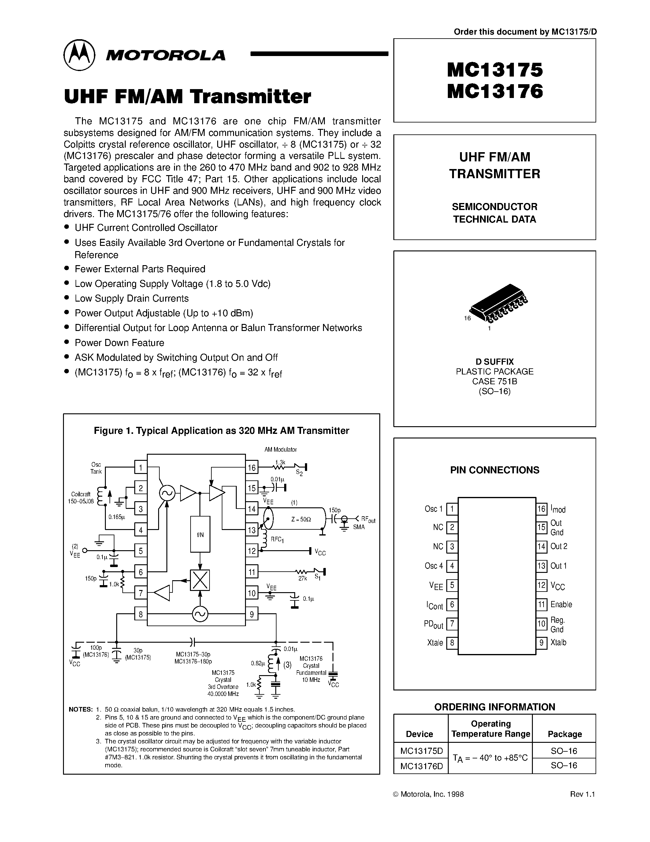 Datasheet MC13175 - UHF FM/AM TRANSMITTER page 1