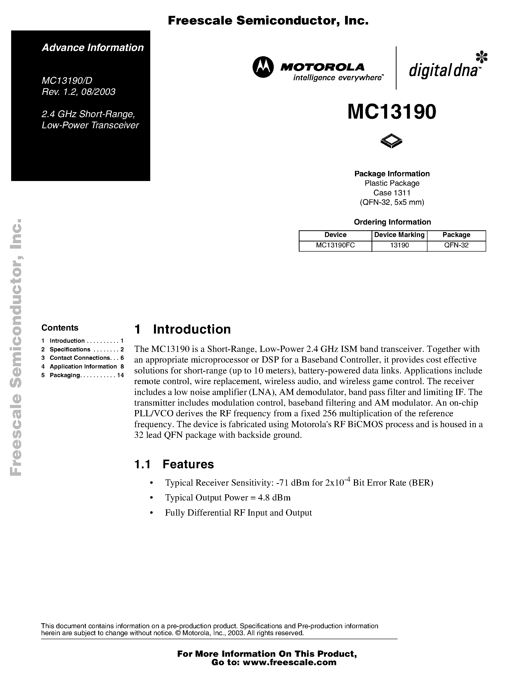 Datasheet MC13190 - 2.4 GHz Short-Range / Low-Power Transceiver page 1