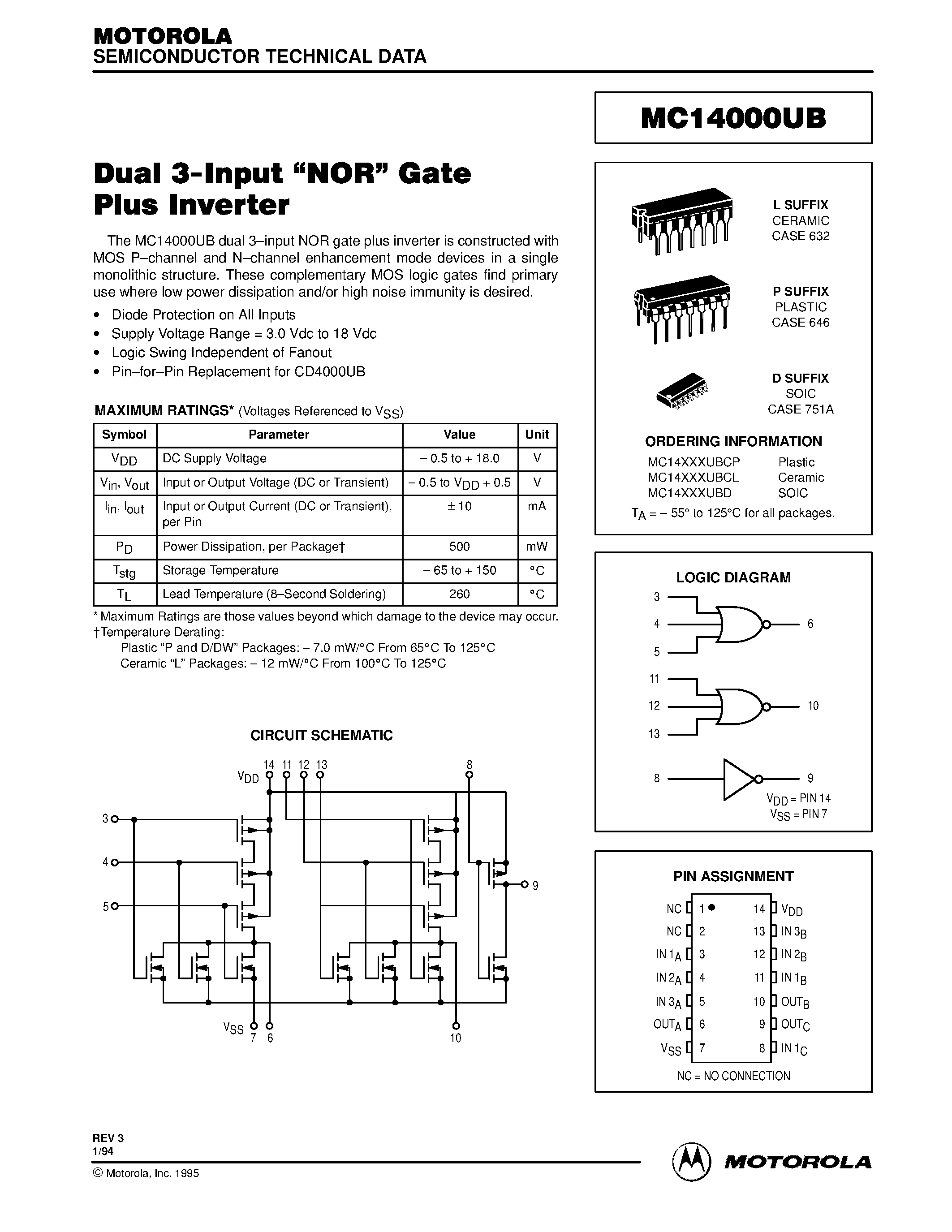 Даташит MC14000UBCL - Dual 3-Input NOR Gate Plus Inverter страница 1