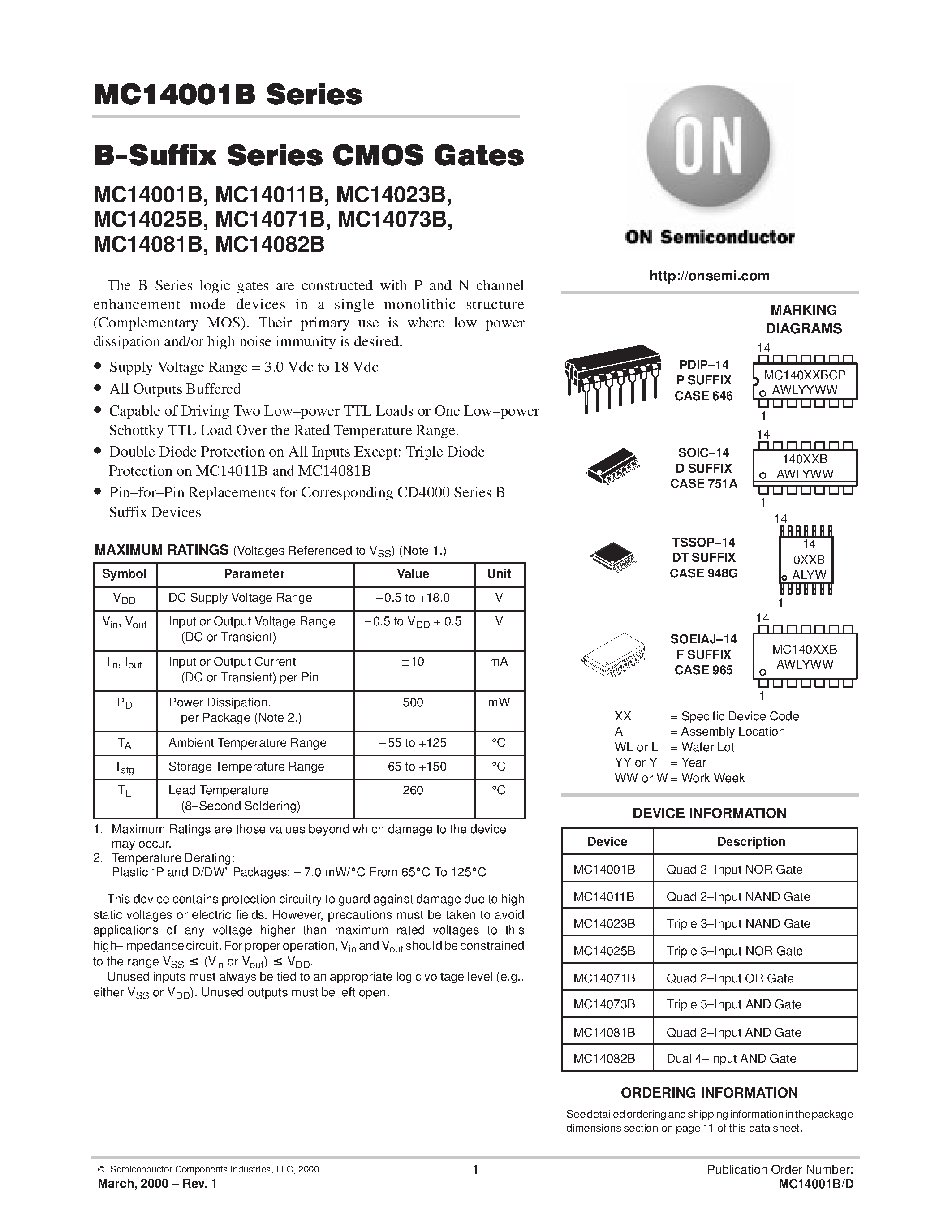 Datasheet MC14001 - B-Suffix Series CMOS Gates page 1