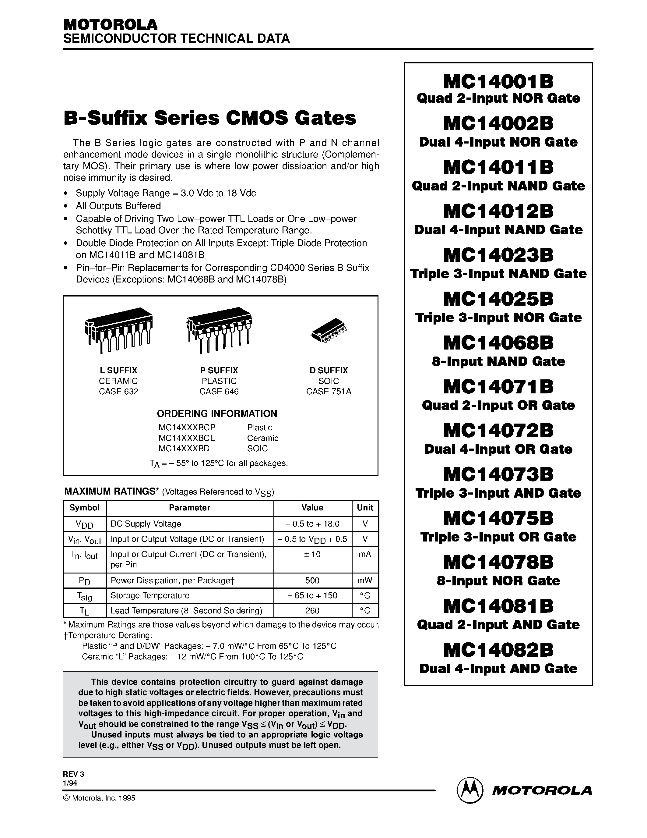 Datasheet MC14001B - B-Suffix Series CMOS Gates page 1