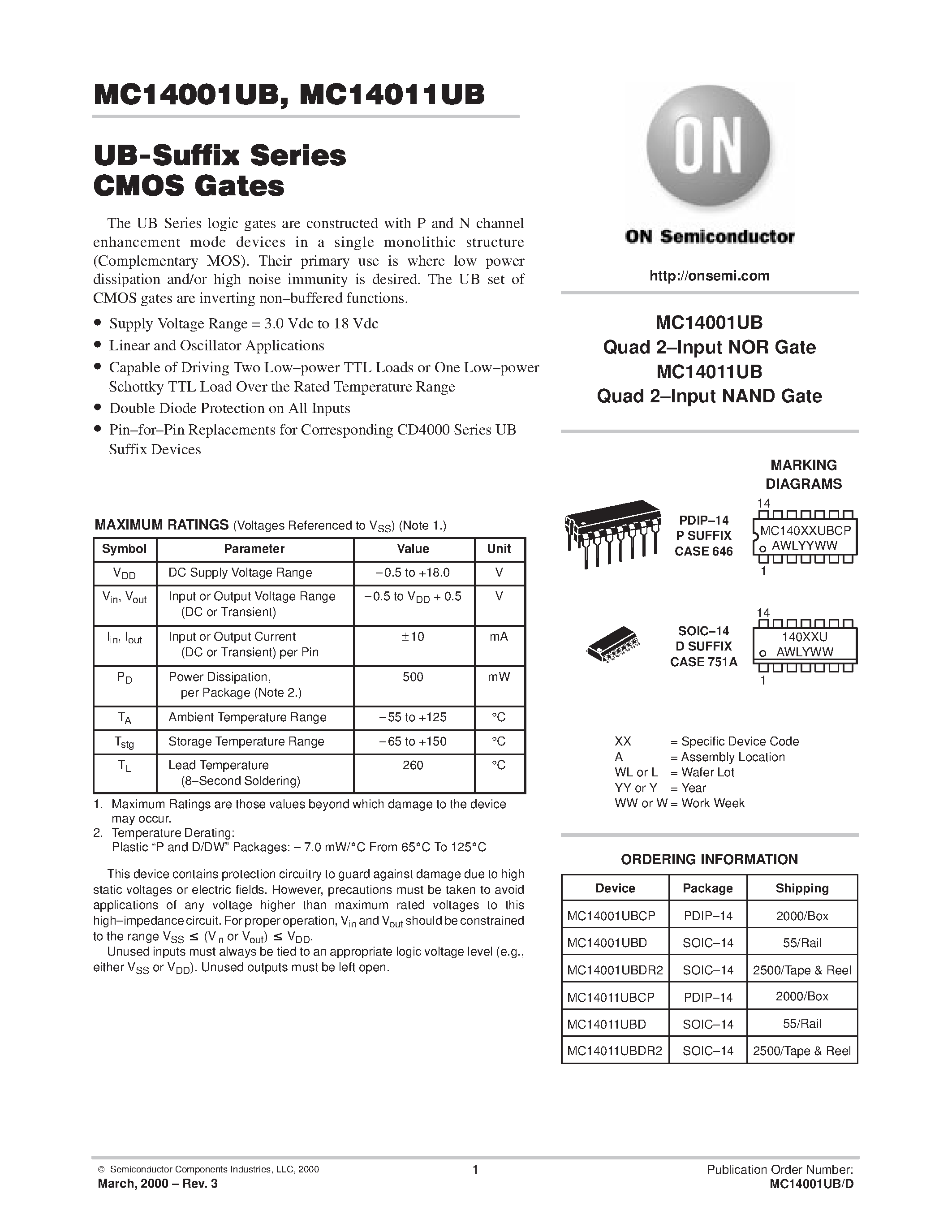 Даташит MC14001UB - UB-Suffix Series CMOS Gates страница 1