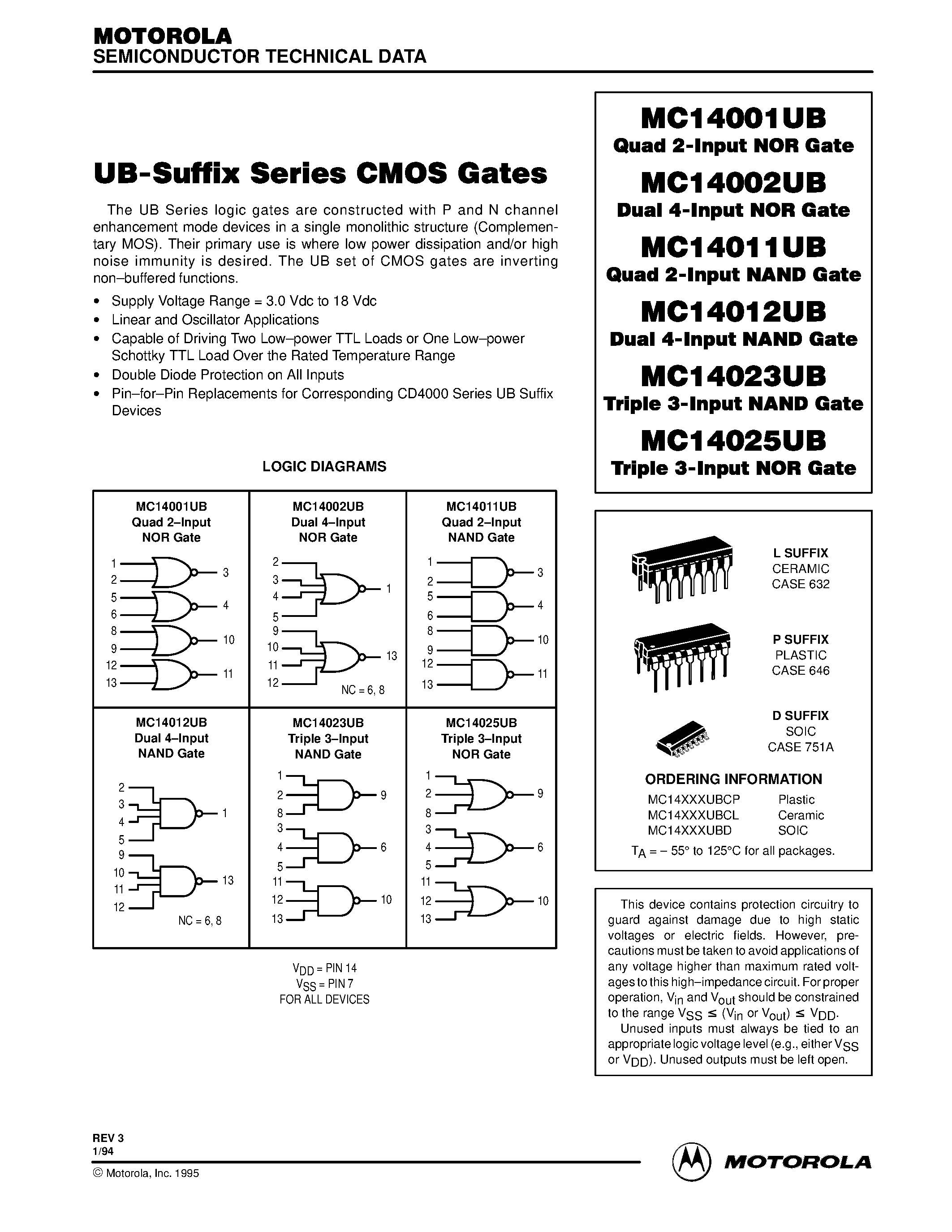 Даташит MC14001UBCL - UB-Suffix Series COMS Gates страница 1