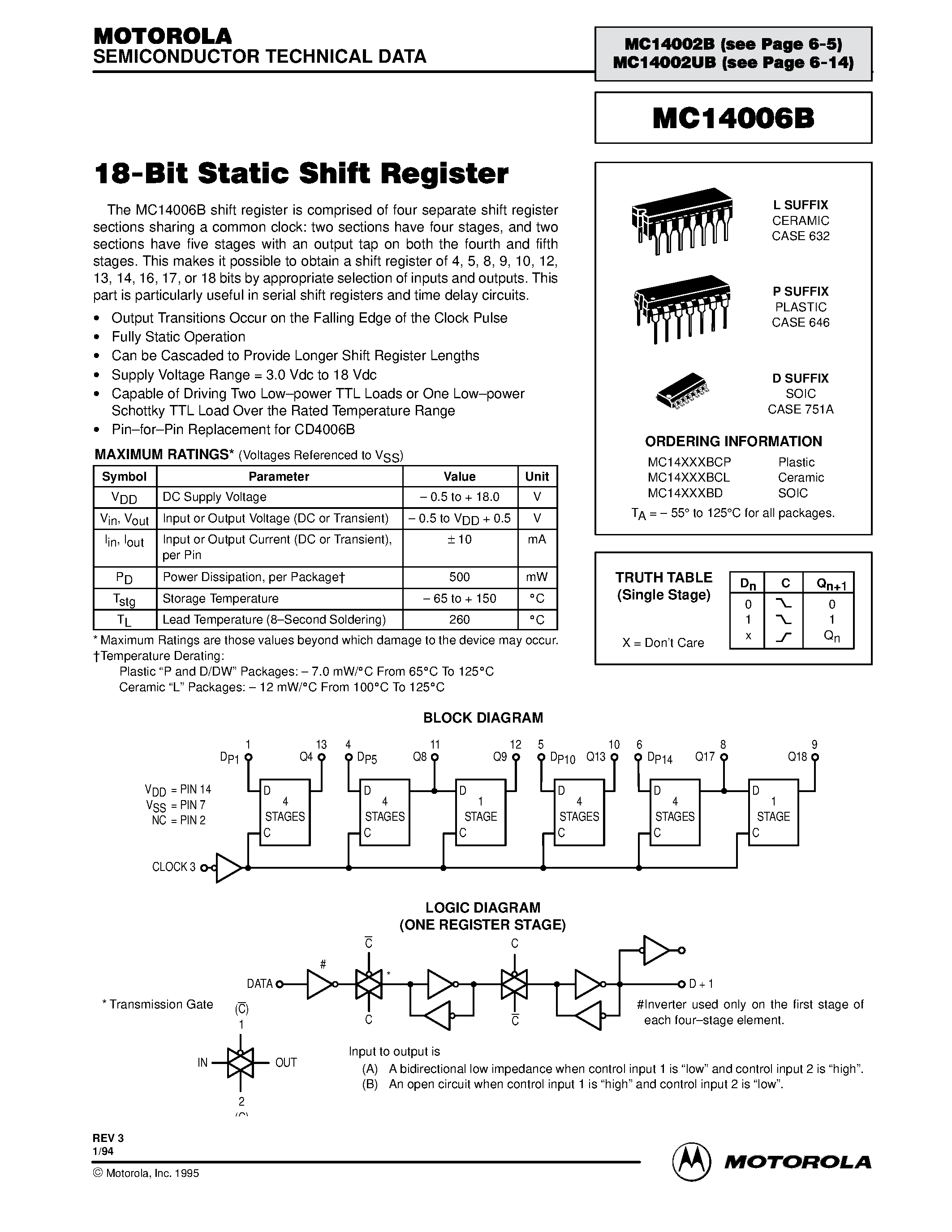 Даташит MC14006BCL - 18-Bit Static Shift Register страница 1