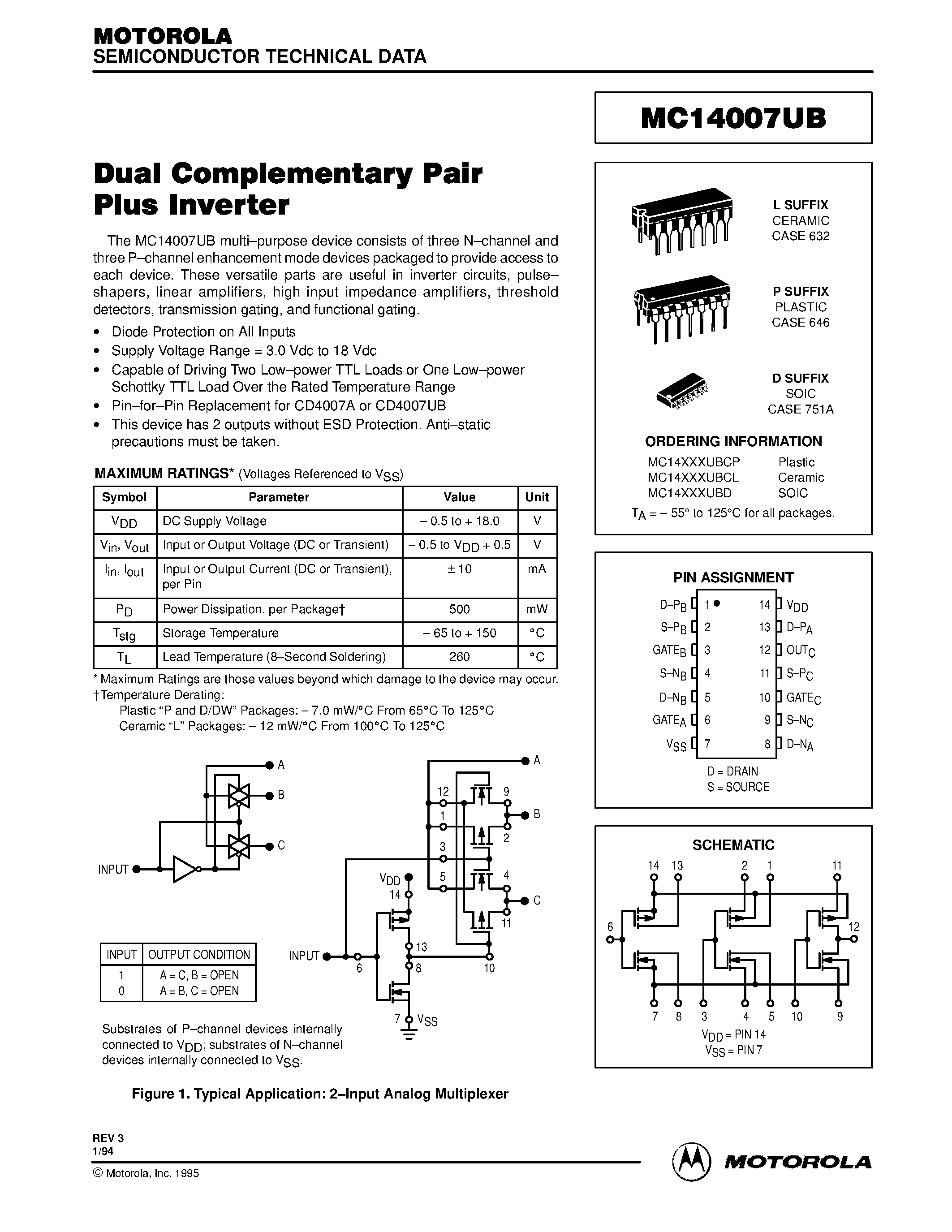 Даташит MC14007UBCL - Dual Complementary Pair Plus Inverter страница 1