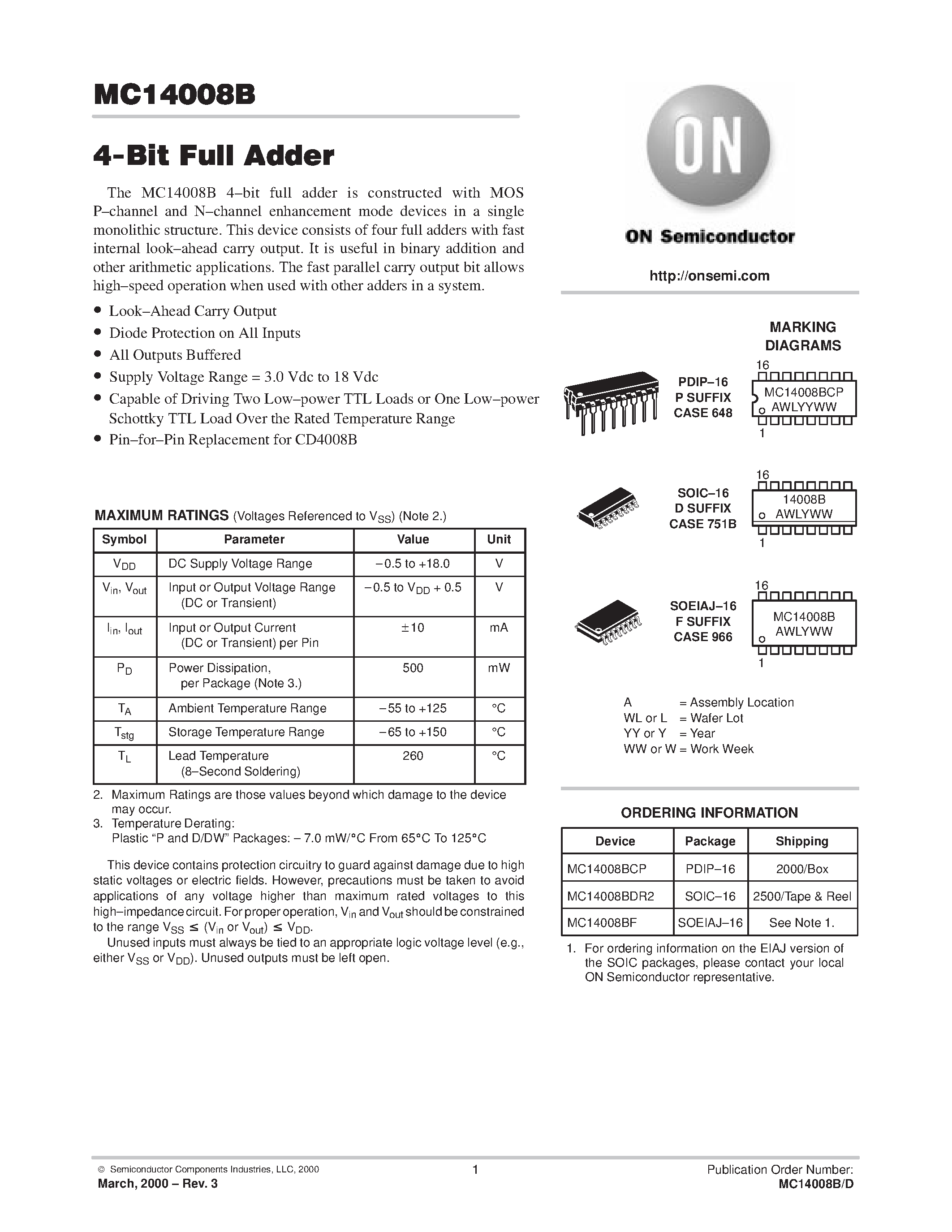 Даташит MC14008B - 4-Bit Full Adder страница 1