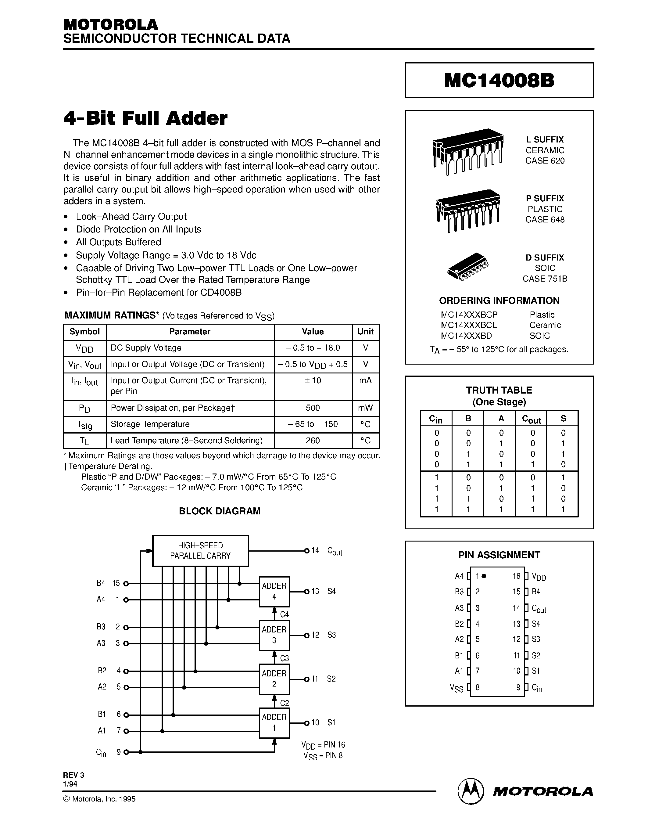 Даташит MC14008B - 4-Bit Full Adder страница 1