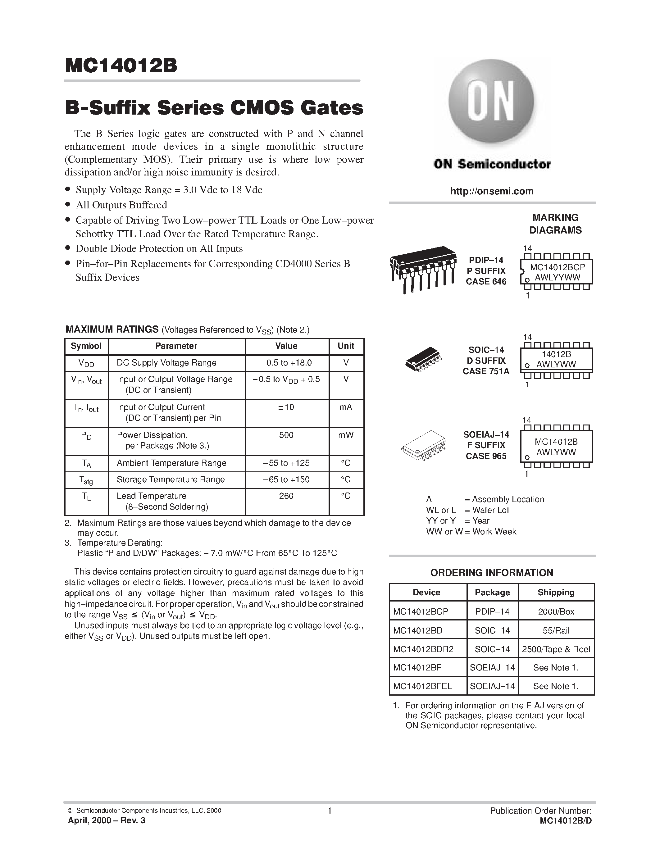 Datasheet MC14012BCP - B-Suffix Series CMOS Gates page 1