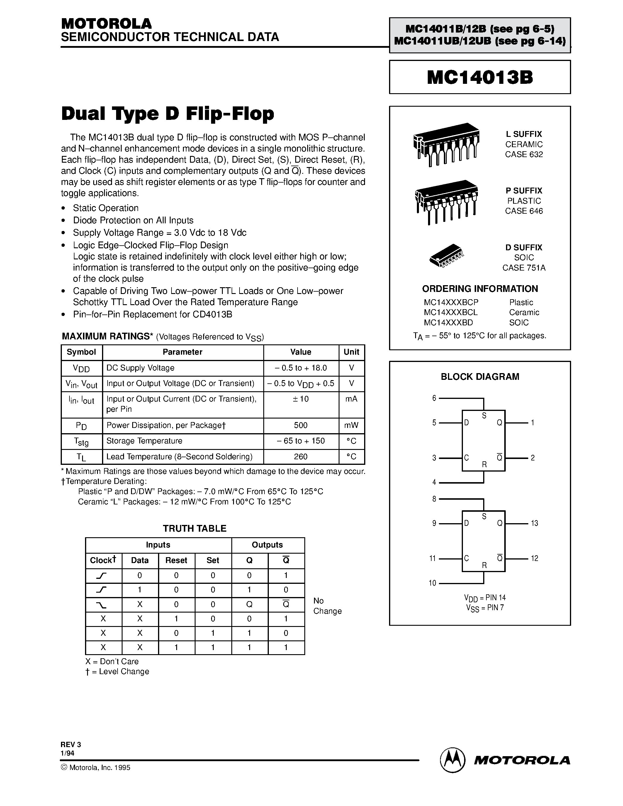 Даташит MC14013 - Dual Type D Flip-Flop страница 1