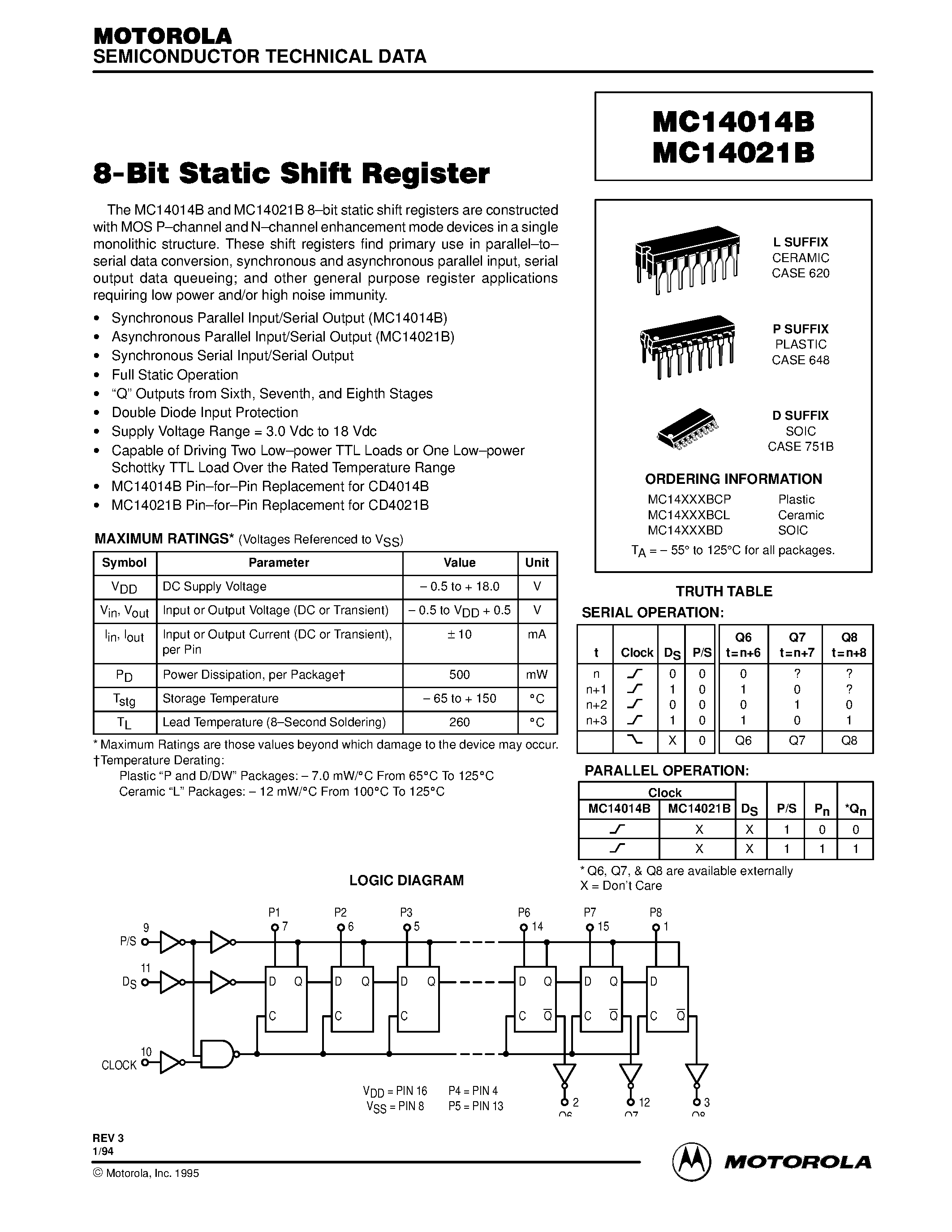 Даташит MC14014B - 8-Bit Static Shift Register страница 1