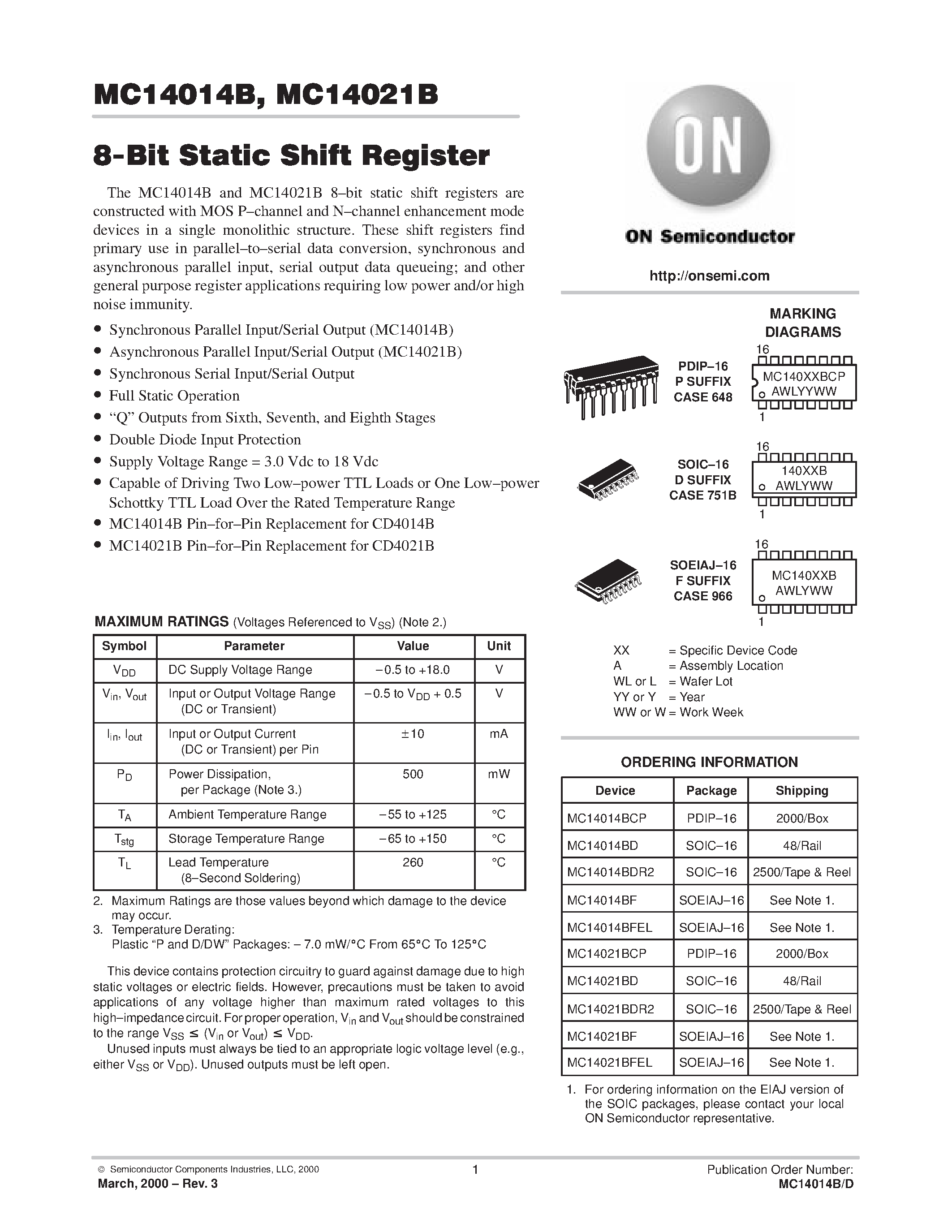 Даташит MC14014BCP - 8-Bit Static Shift Register страница 1