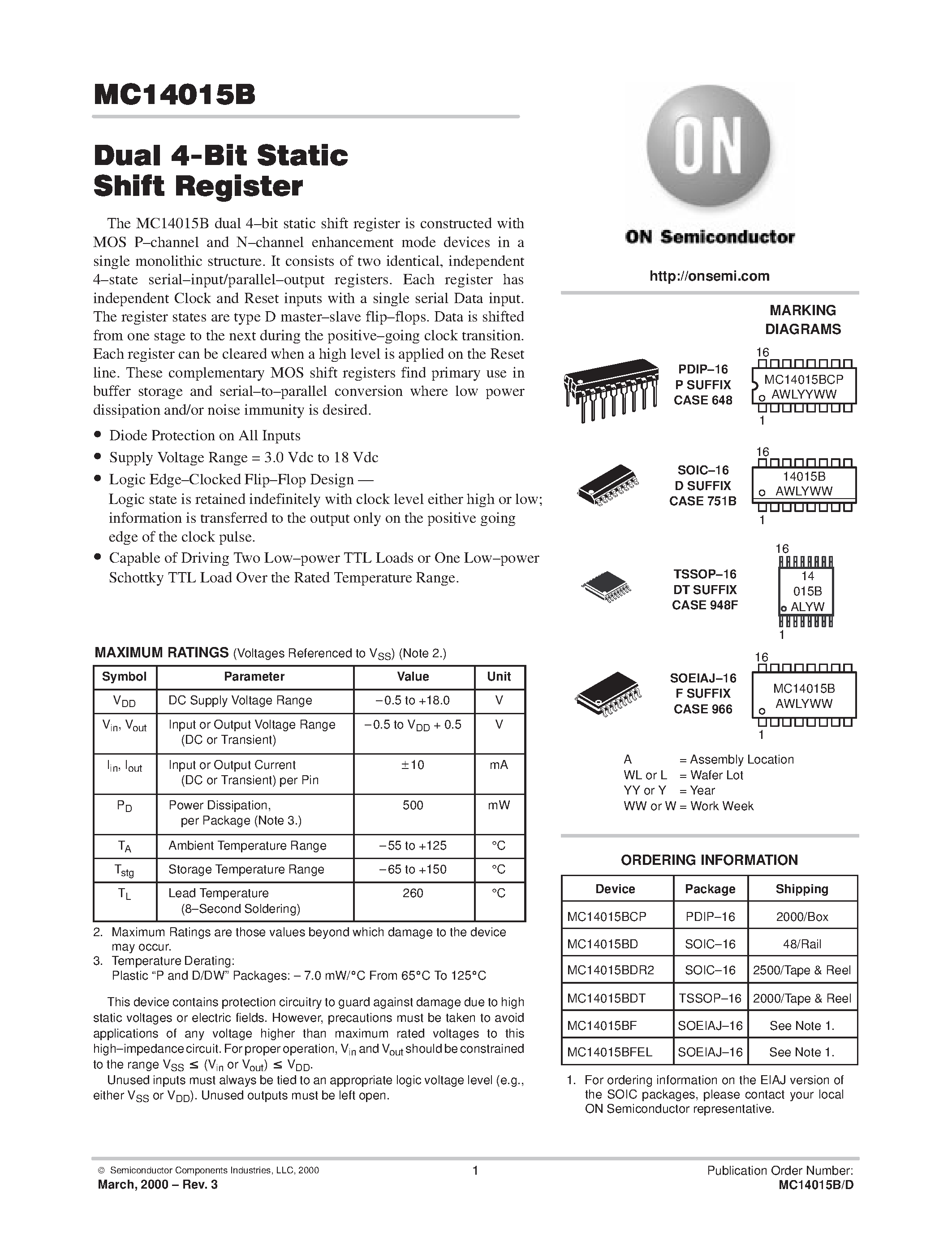 Даташит MC14015 - Dual 4-Bit Static Shift Register страница 1