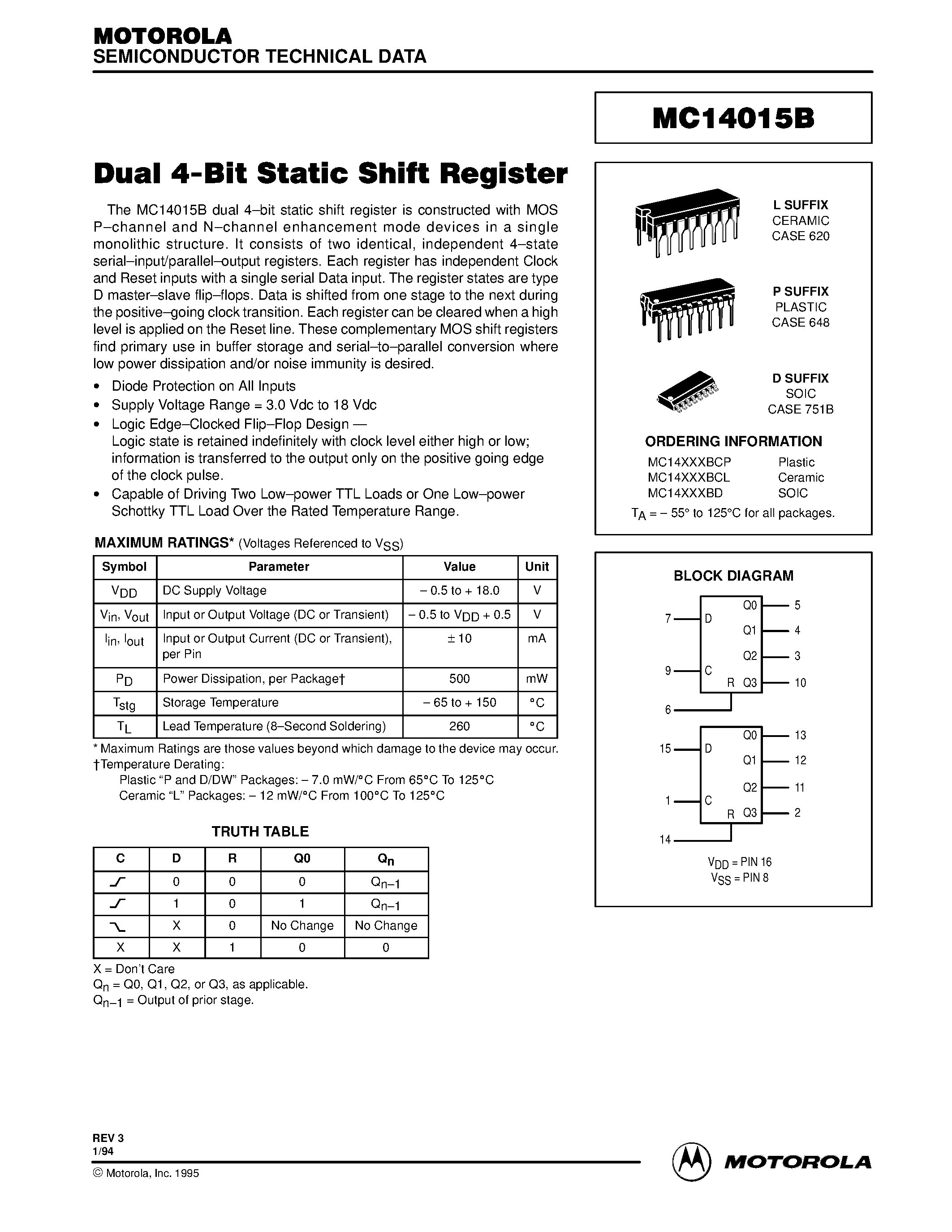 Даташит MC14015B - Dual 4-Bit Static Shift Register страница 1