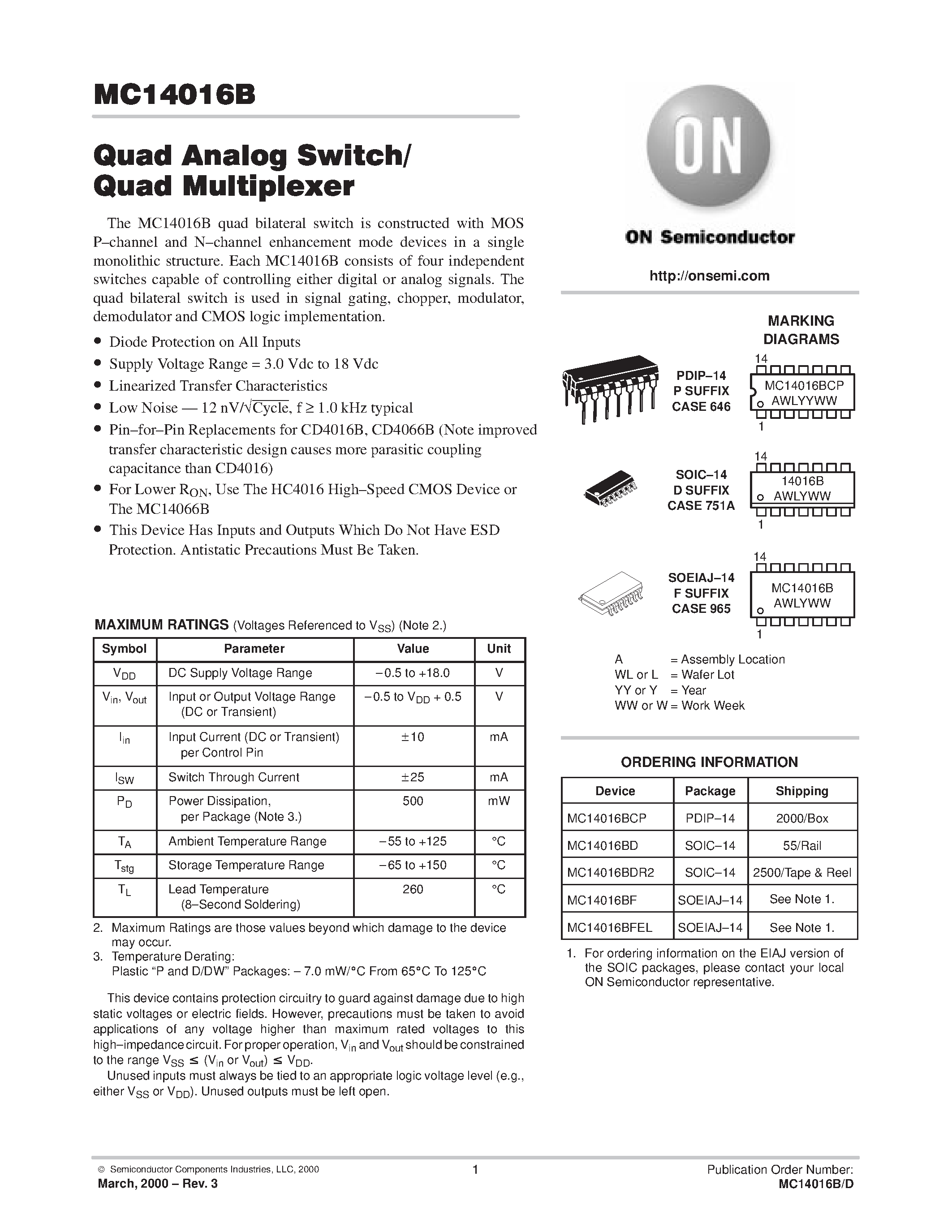 Даташит MC14016B - Quad Analog Switch/Quad Multiplexer страница 1