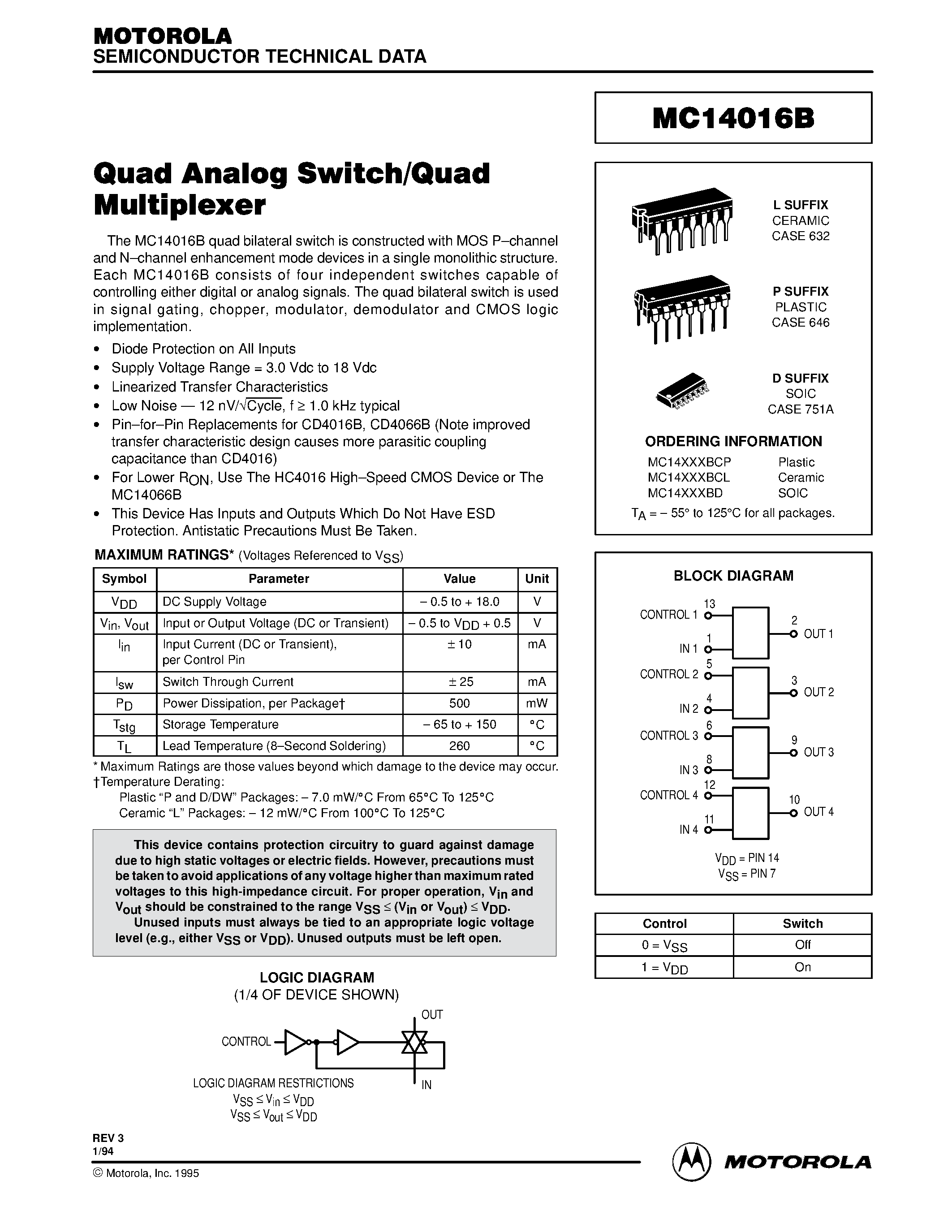 Даташит MC14016B - Quad Analog Switch/Quad Multiplexer страница 1