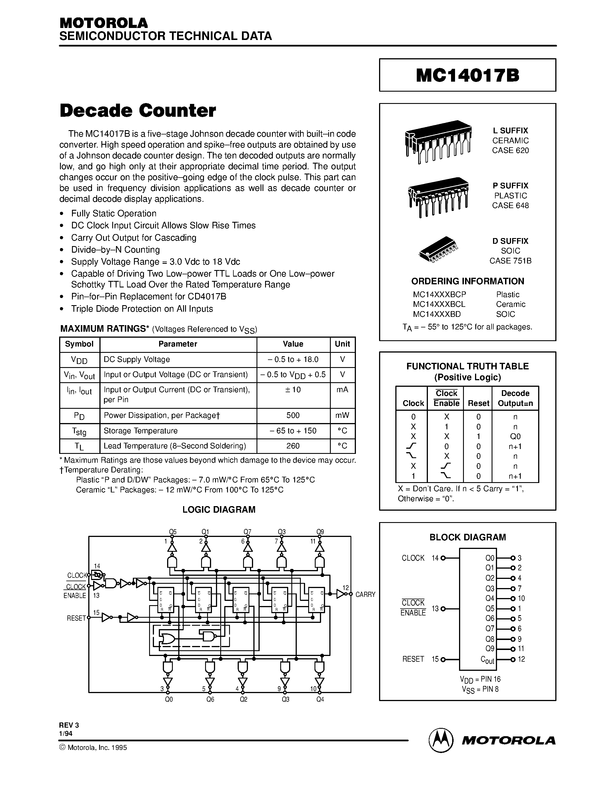 Даташит MC14017B - Decade Counter страница 1