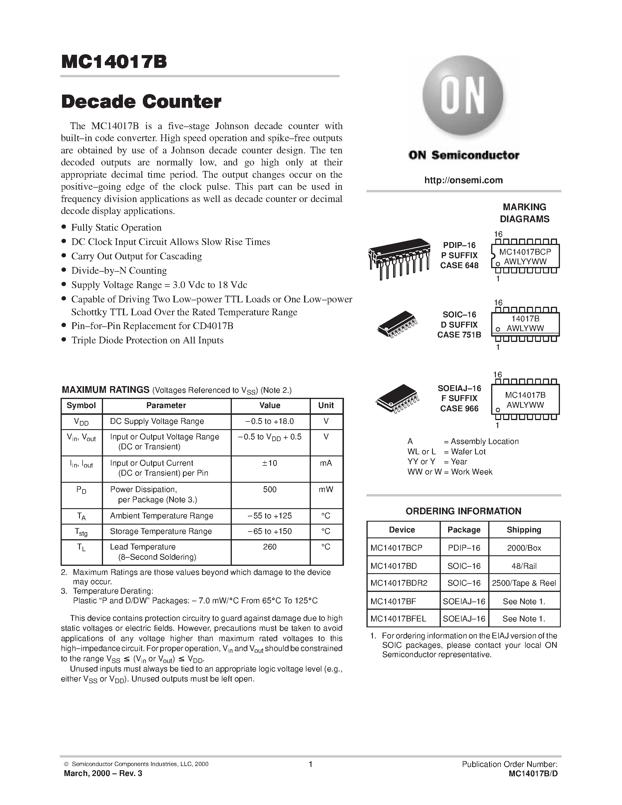 Даташит MC14017BCP - Decade Counter страница 1