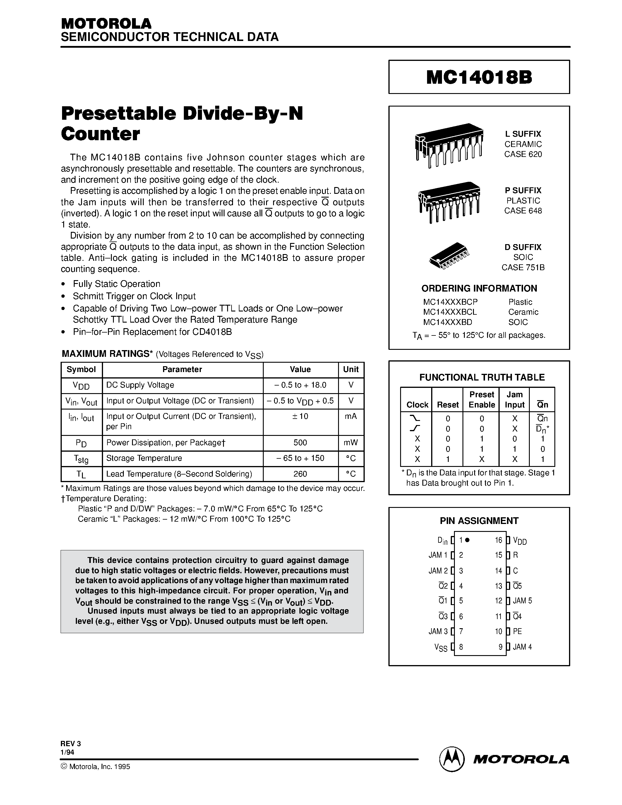 Даташит MC14018B - Presettable Divide-By-N Counter страница 1