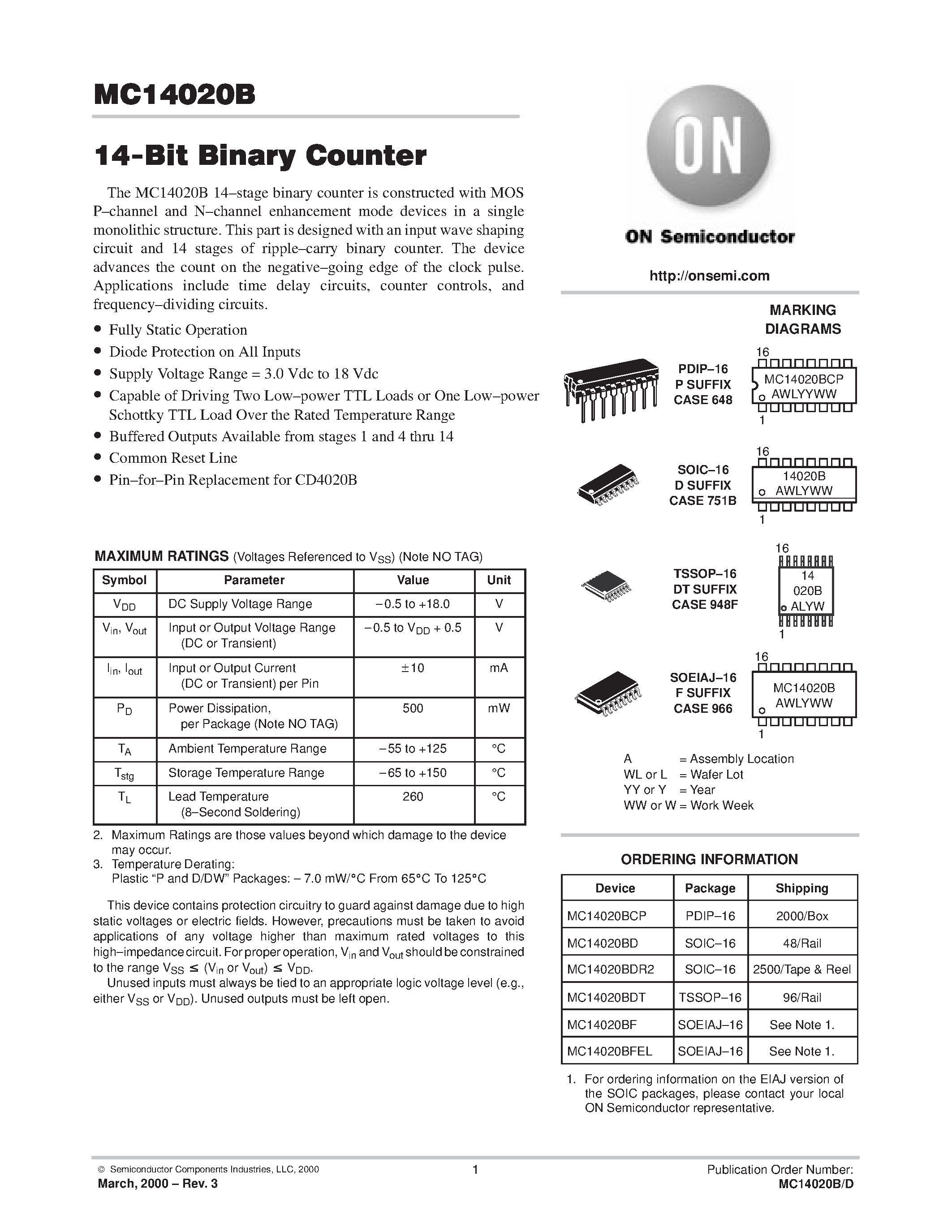 Даташит MC14020 - 14-Bit Binary Counter страница 1