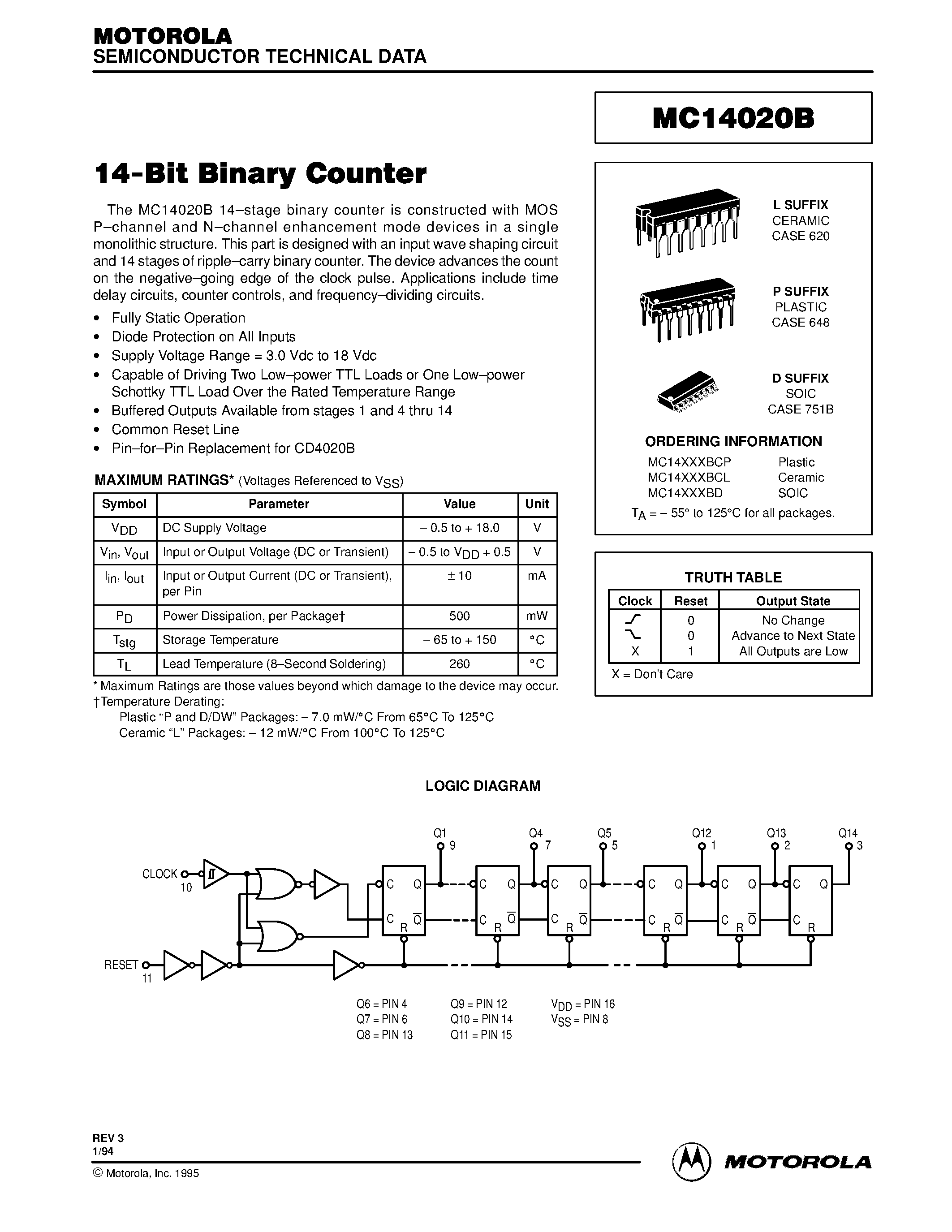 Даташит MC14020B - 14-Bit Binary Counter страница 1