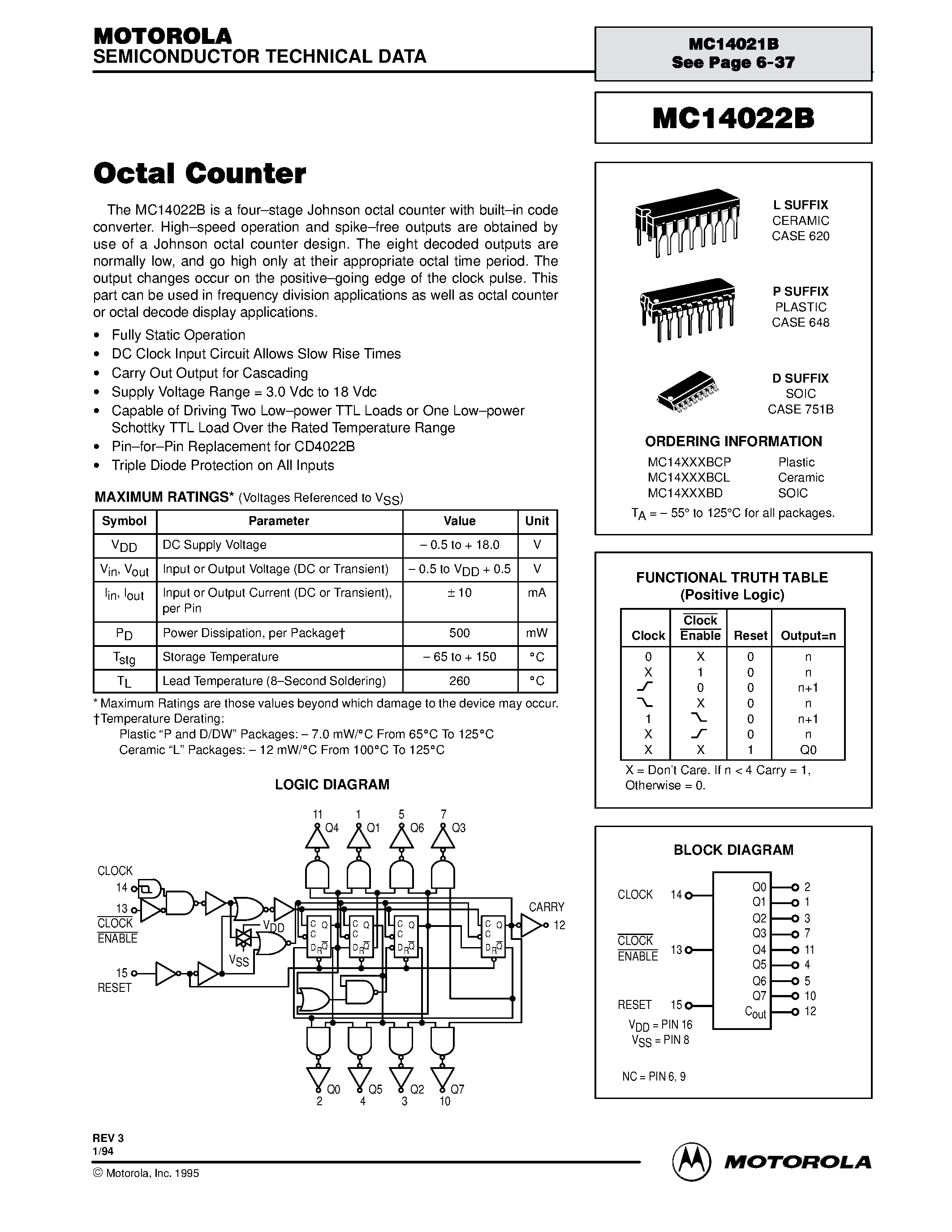 Даташит MC14022 - Octal Counter страница 1