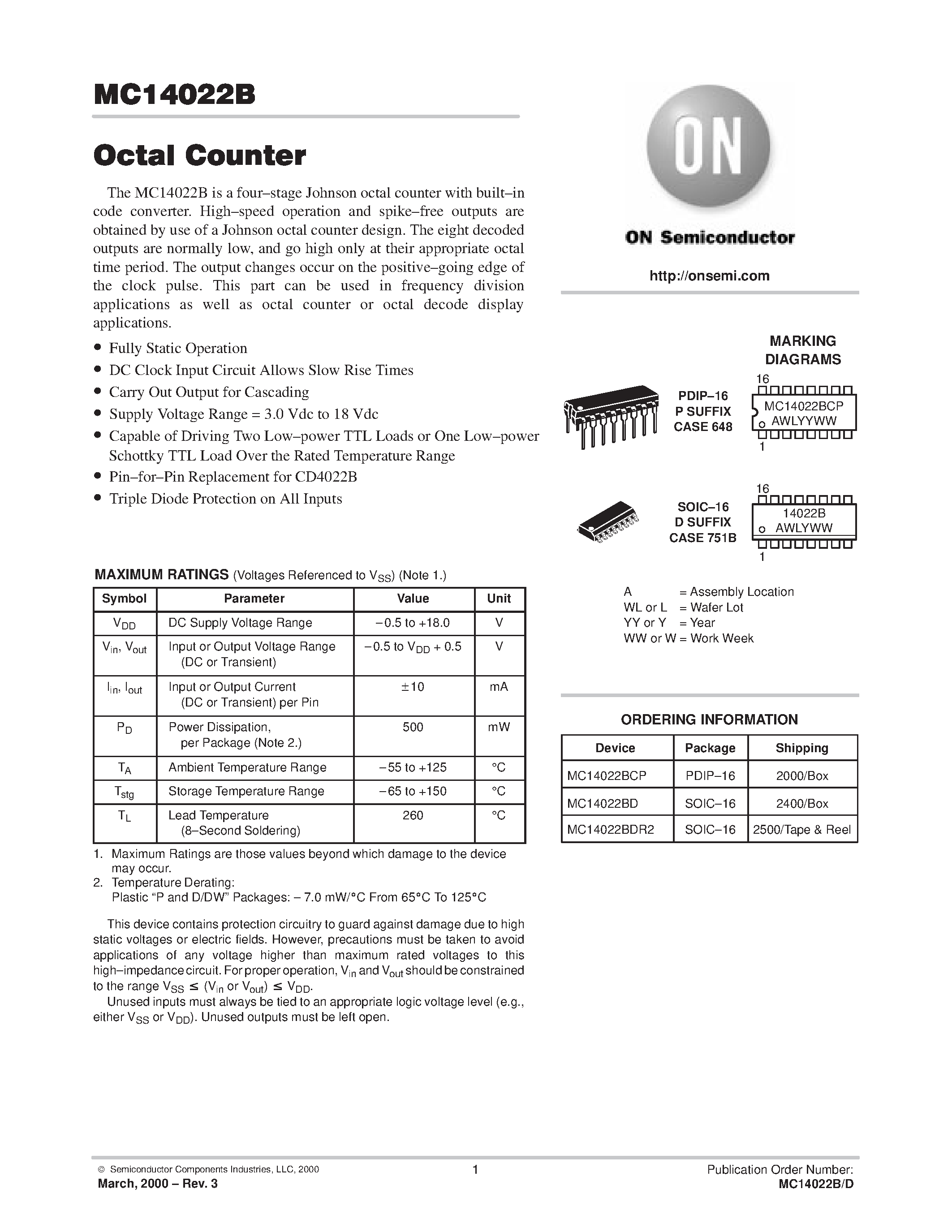 Даташит MC14022BDR2 - Octal Counter страница 1