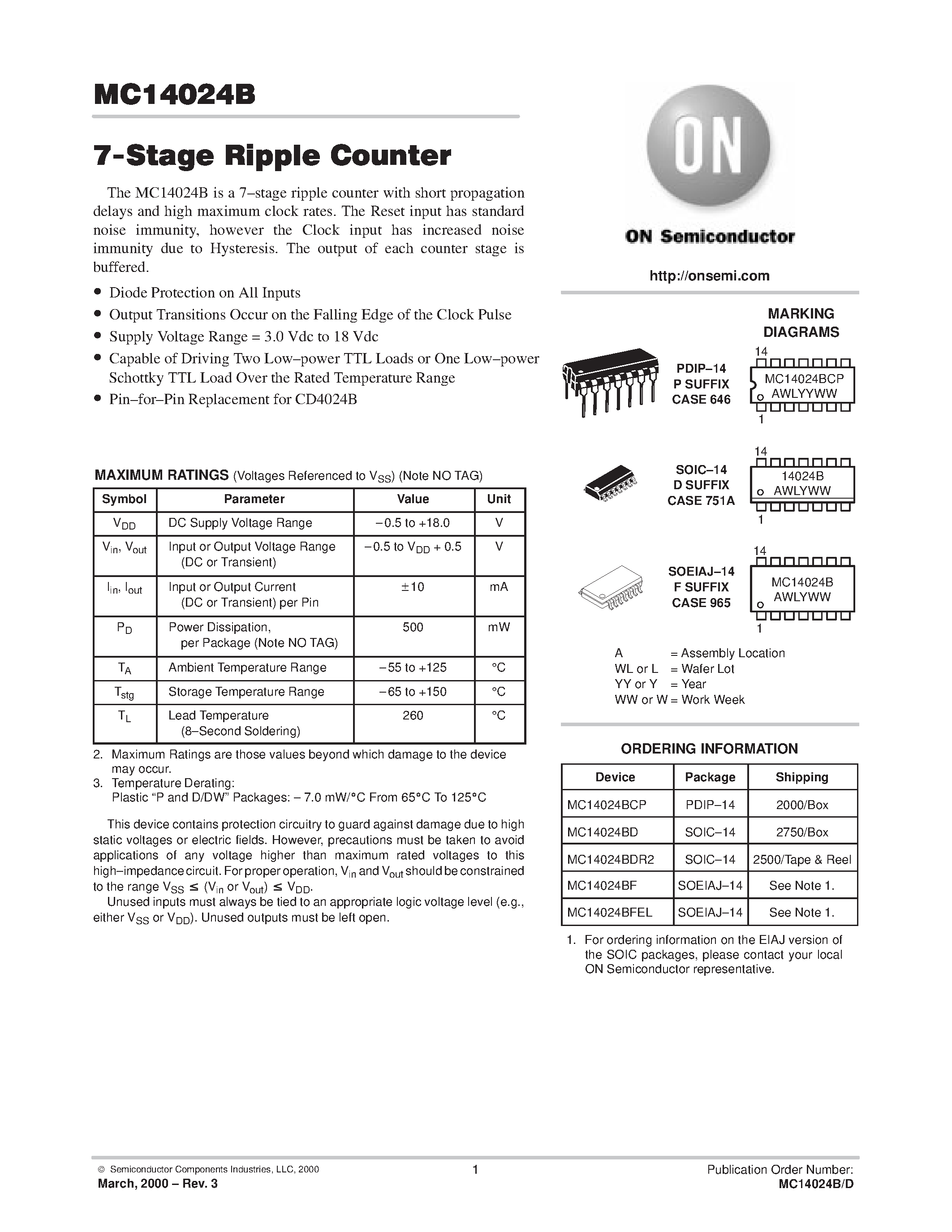 Даташит MC14024B - 7-Stage Ripple Counter страница 1