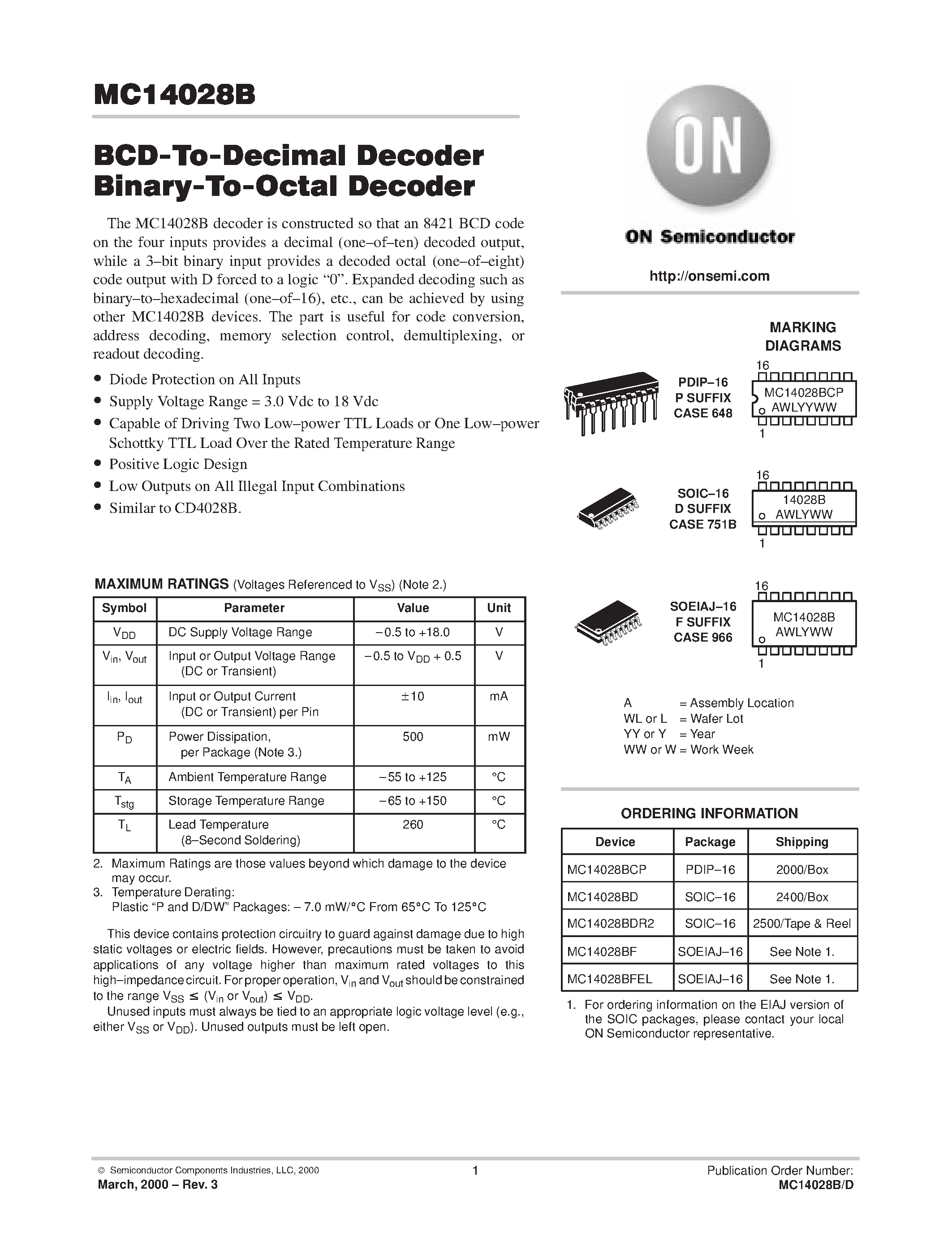 Даташит MC14028B - BCD-To-Decimal Decoder Binary-To-Octal Decoder страница 1