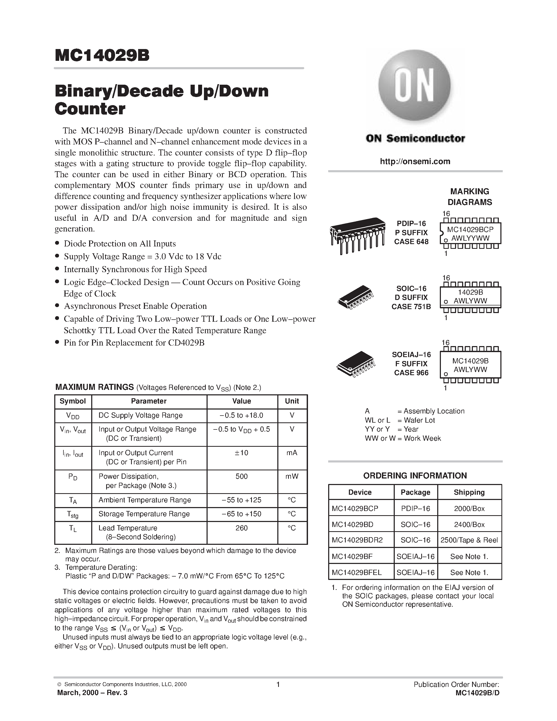 Даташит MC14029B - Binary/Decade Up/Down Counter страница 1