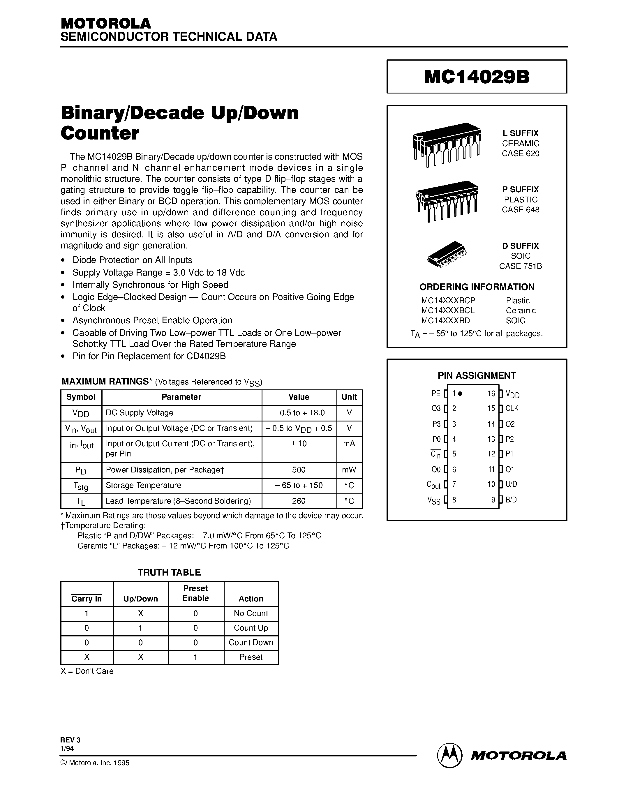 Даташит MC14029B - Binary/Decade Up/Down Counter страница 1