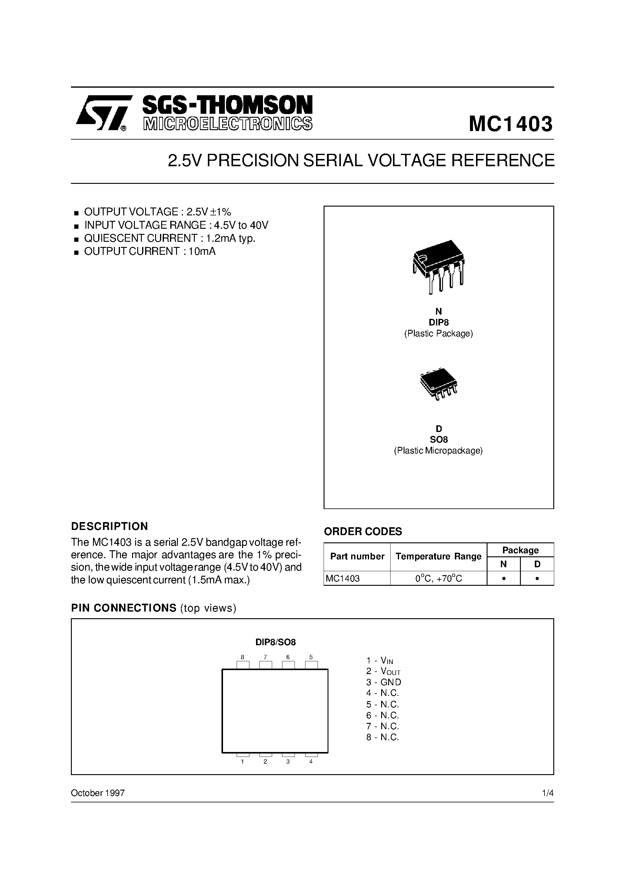 Даташит MC1403 - 2.5V PRECISION SERIAL VOLTAGE REFERENCE страница 1