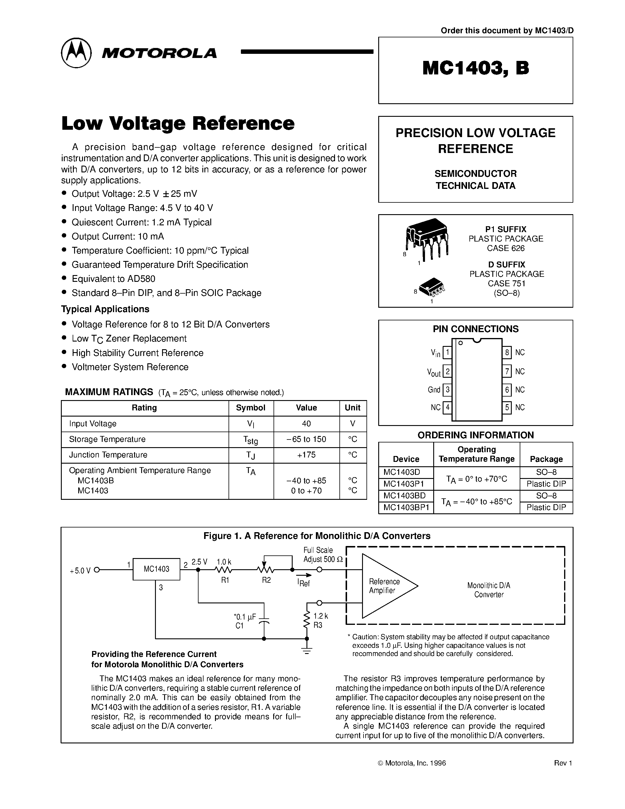 Даташит MC1403 - Low Voltage Reference страница 1