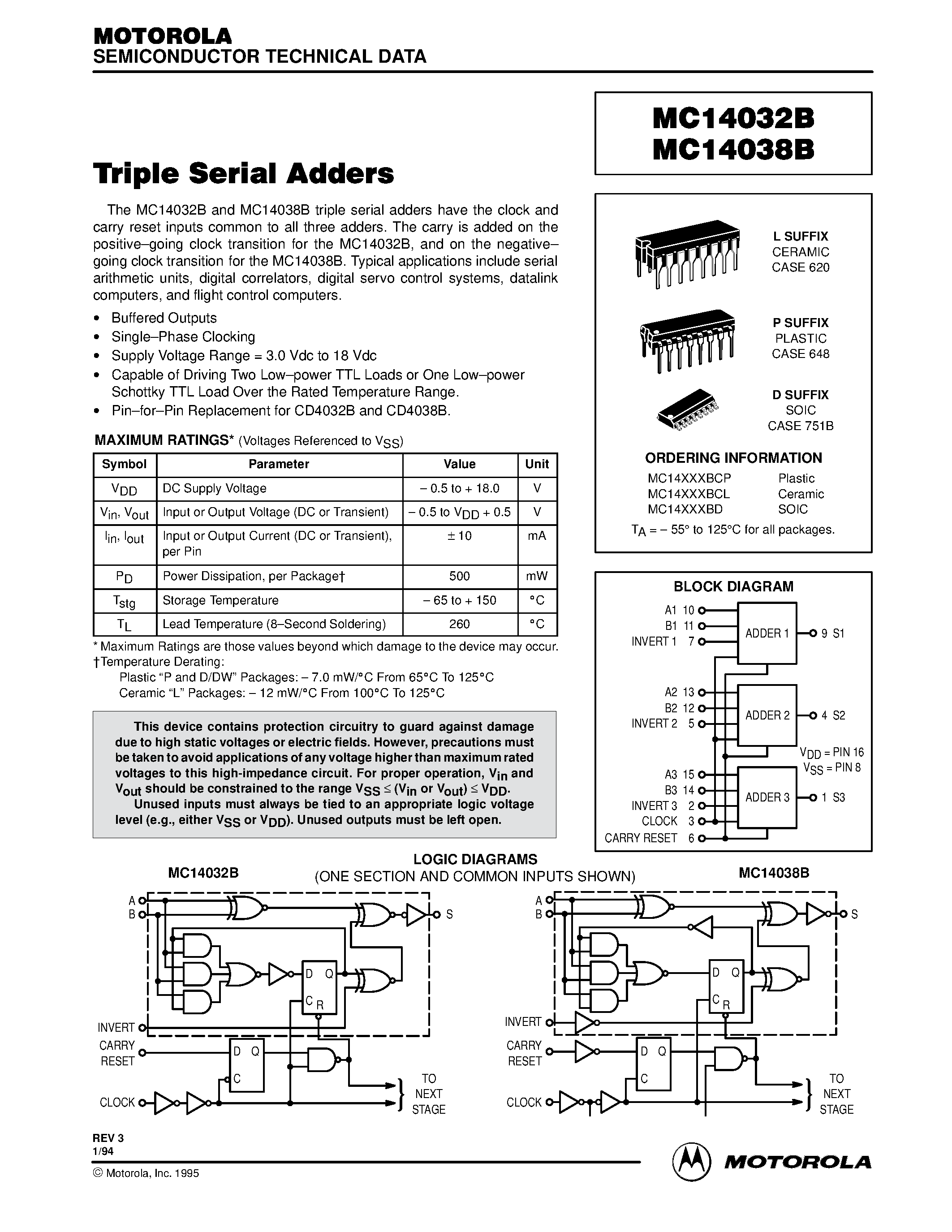 Даташит MC14032B - Triple Serial Adders страница 1