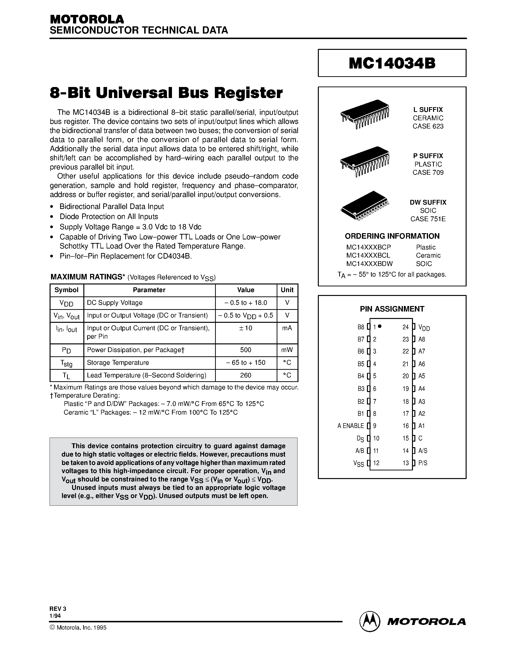 Даташит MC14034 - 8-Bit Universal Bus Register страница 1