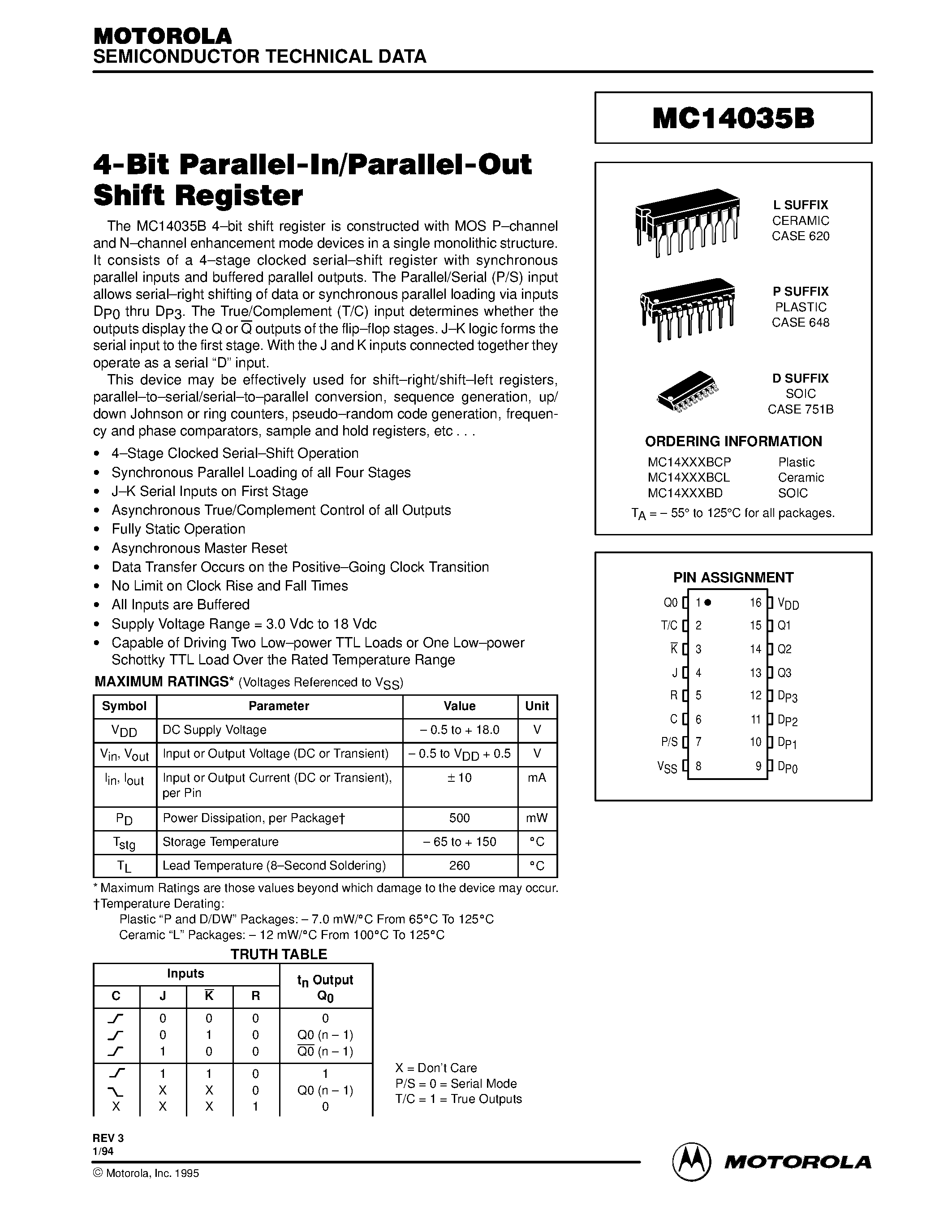 Даташит MC14035B - 4-Bit Parallel-In/Parallel-Out Shift Register страница 1