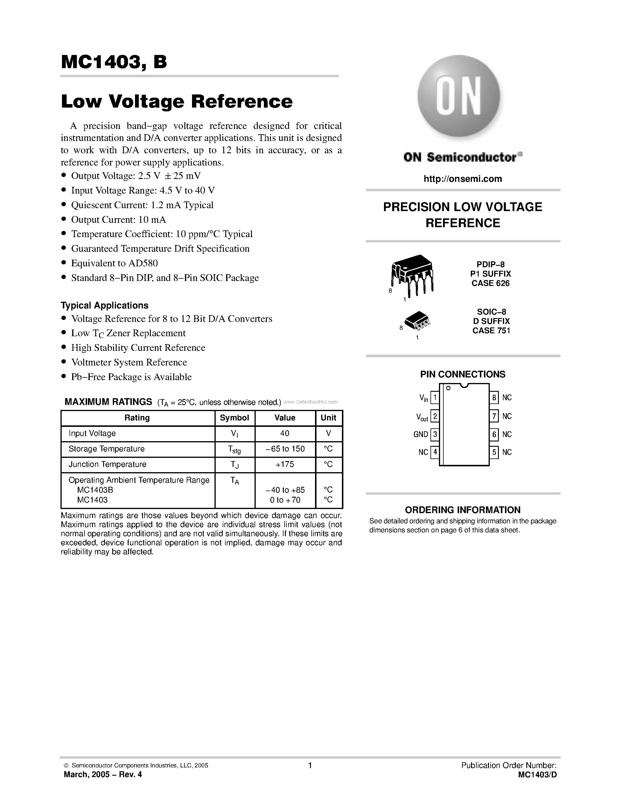 Даташит MC1403BD - PRECISION LOW VOLTAGE REFERENCE страница 1