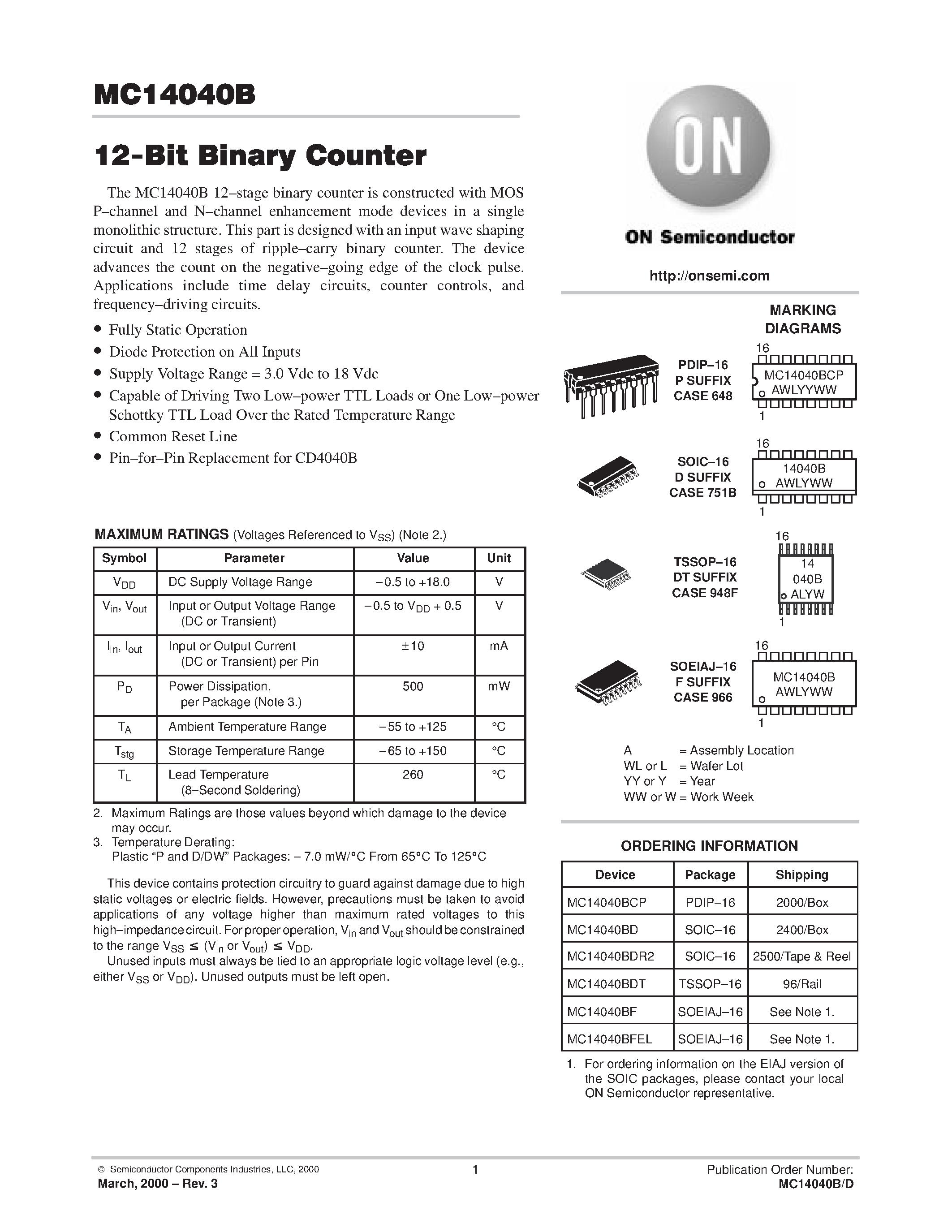 Даташит MC14040BDT - 12-Bit Binary Counter страница 1