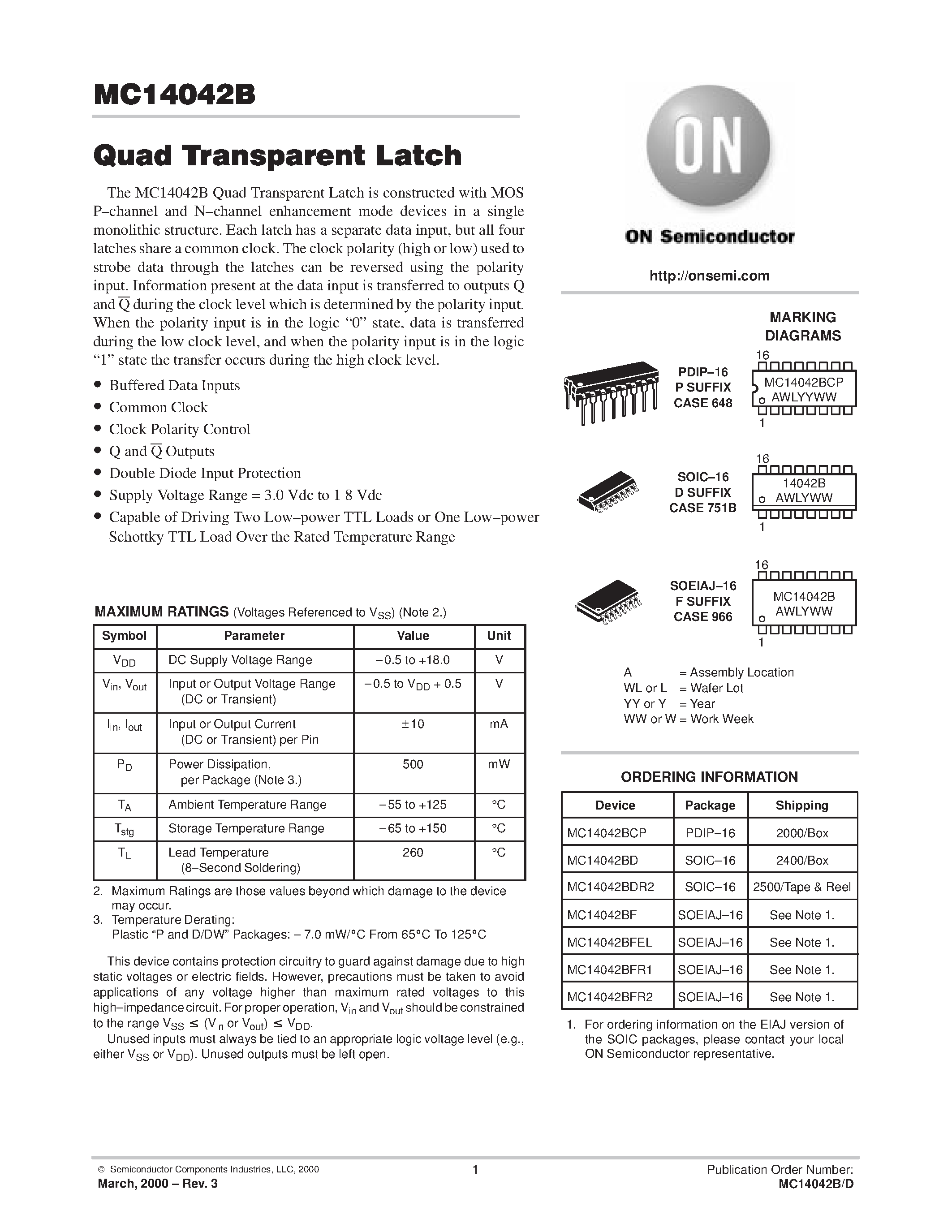 Даташит MC14042 - Quad Transparent Latch страница 1